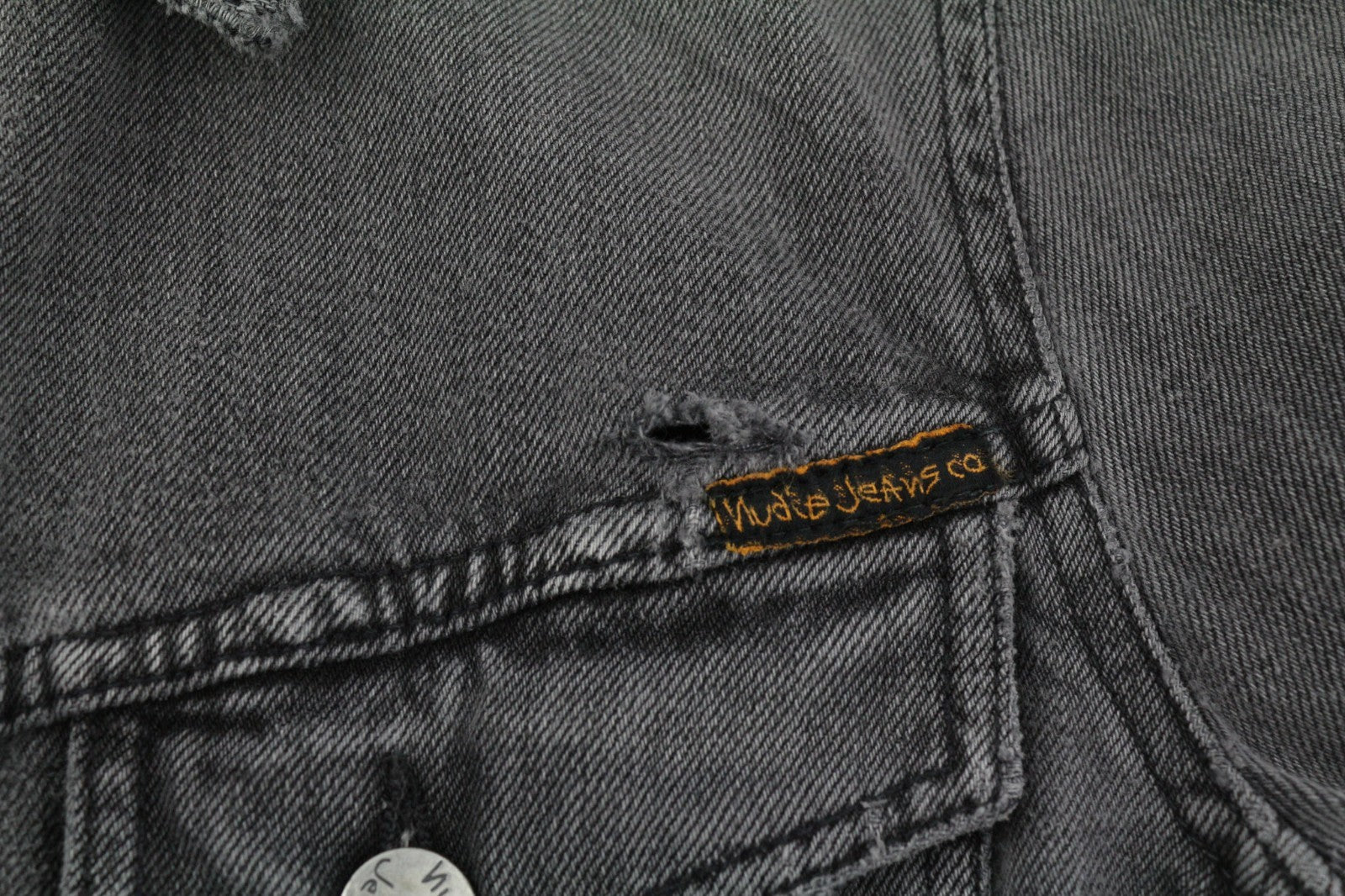 NUDIE JEANS Billy Men's S Desolation Grey Polo Neck Logo Patch Denim Jacket