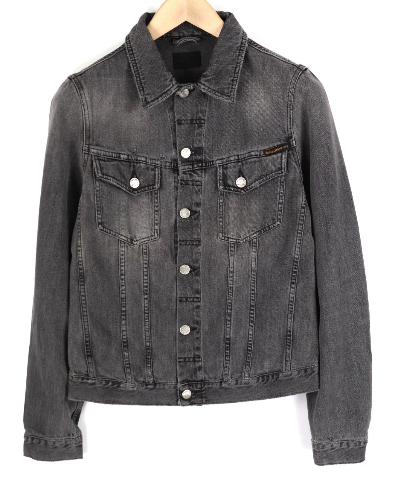 NUDIE JEANS Billy Men's S Desolation Grey Patch Pocket Polo Neck Denim Coat