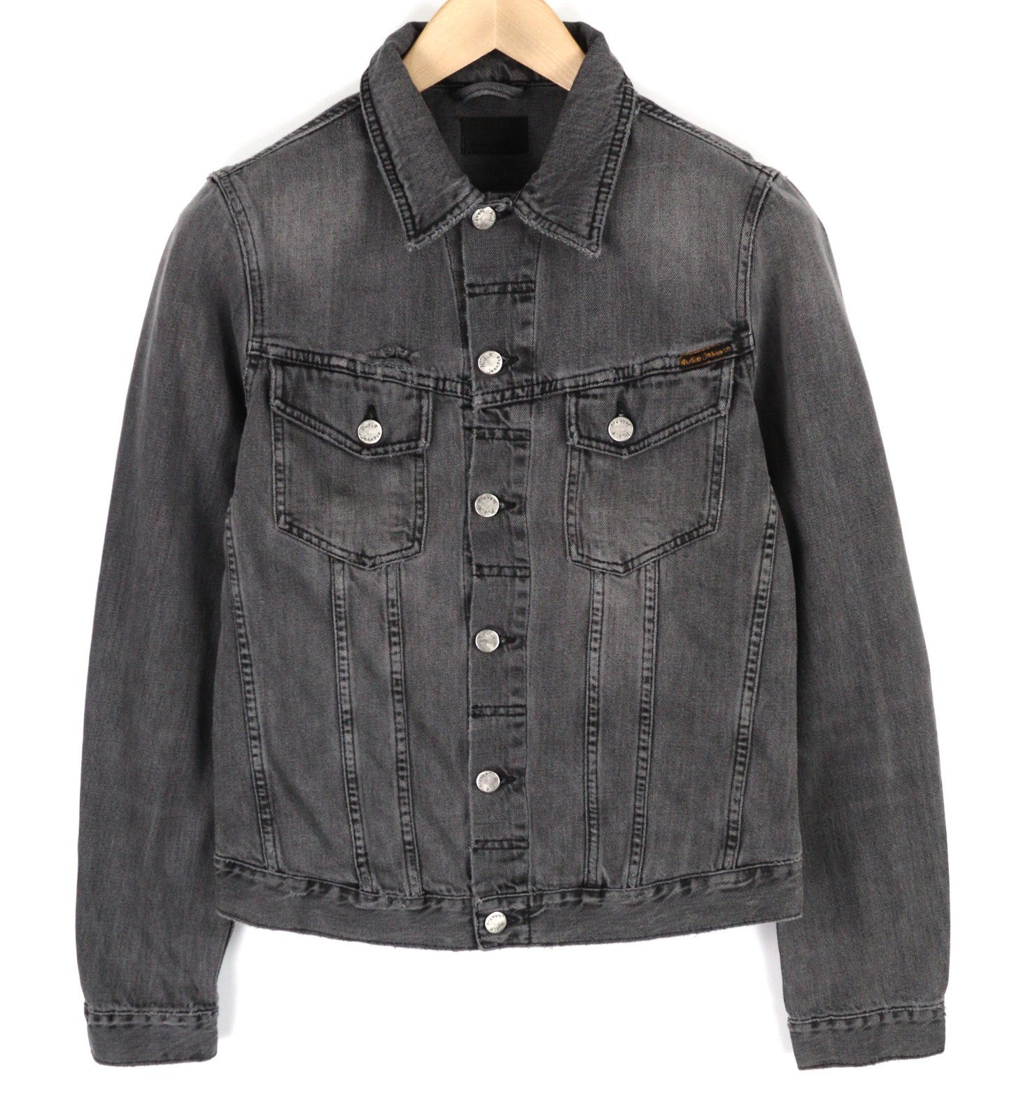 NUDIE JEANS Billy Men's S Desolation Grey Polo Collar Patch Pocket Denim