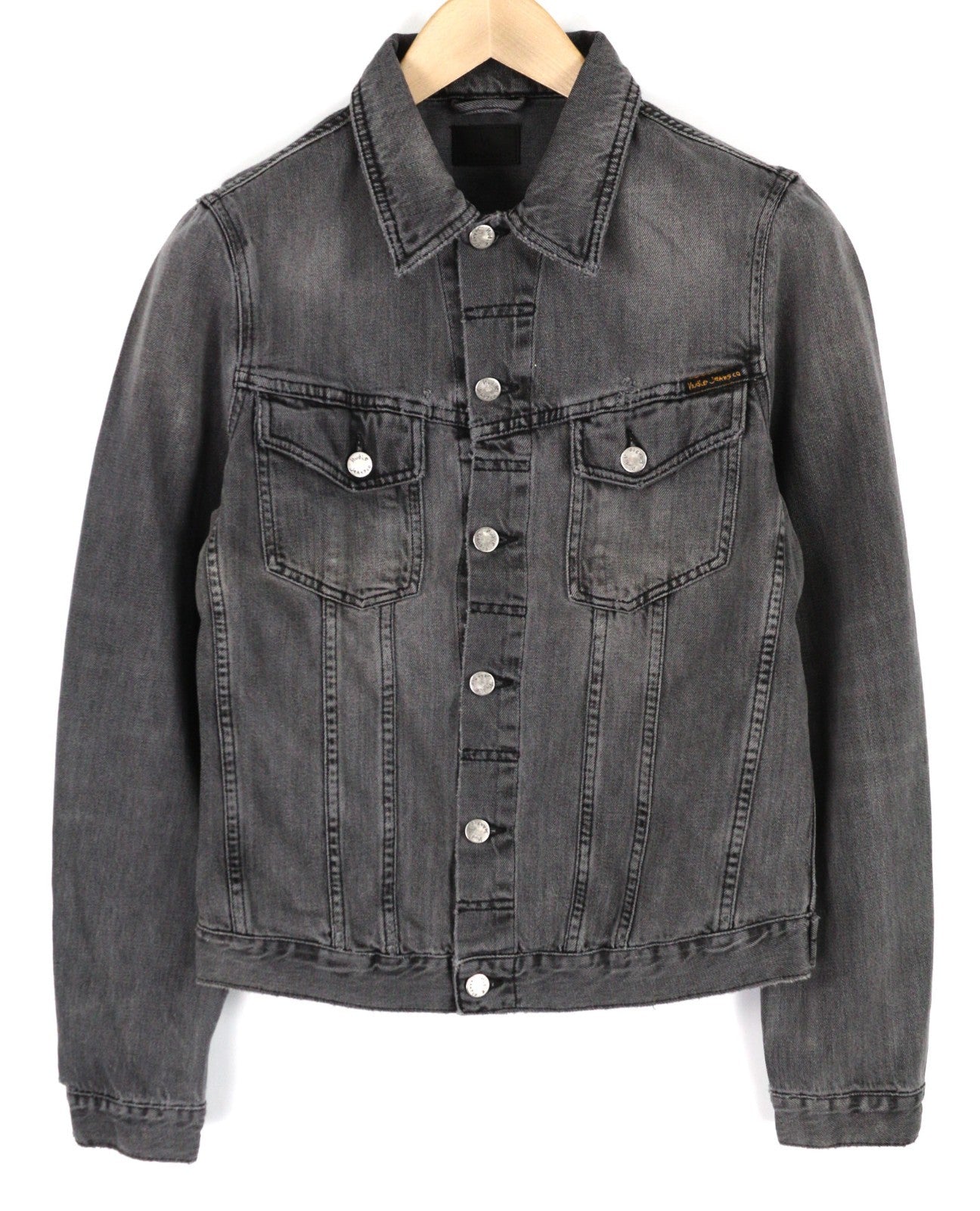 NUDIE JEANS Billy Men's S Desolation Polo Collar Patch Pocket Logo Denim