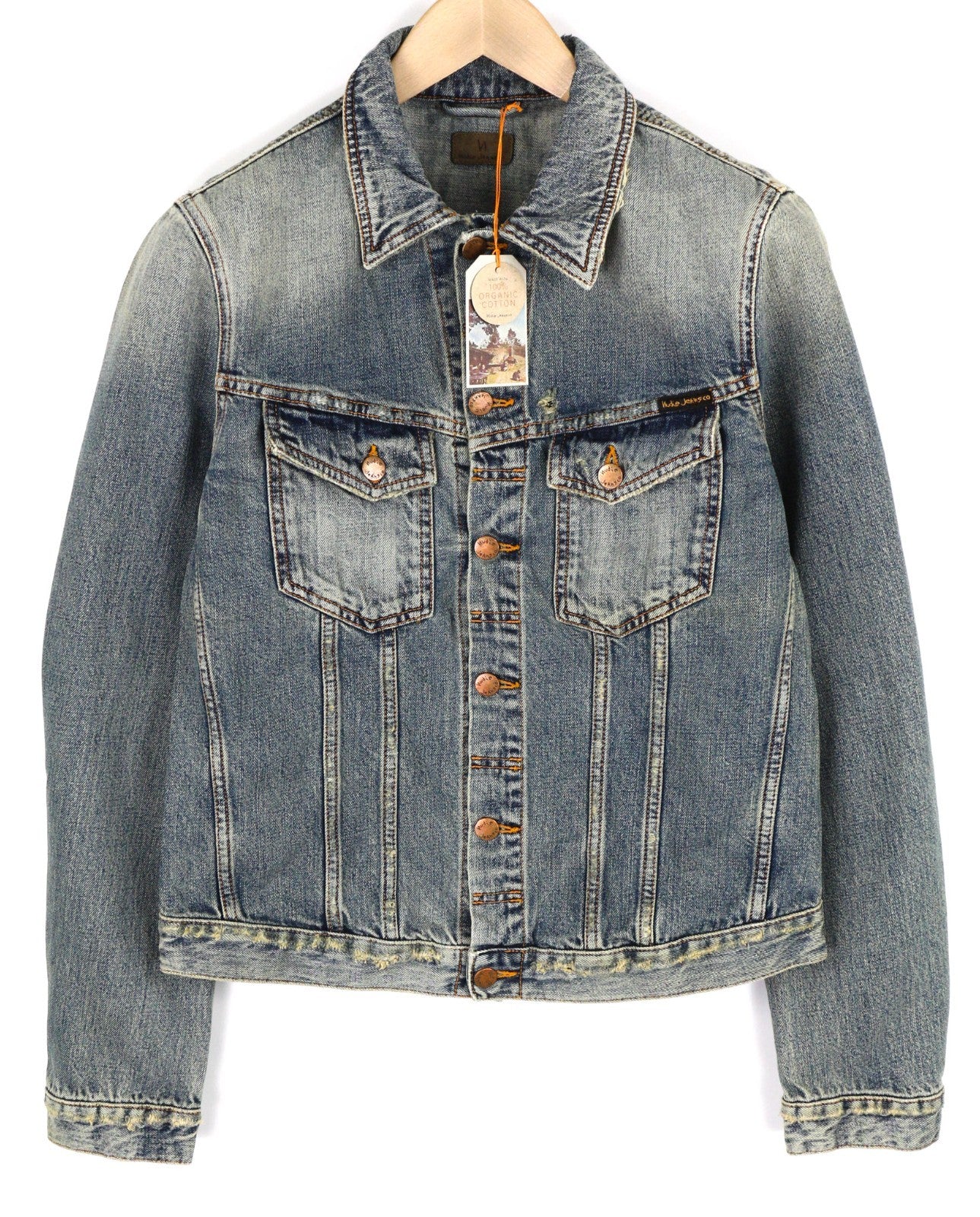 NUDIE JEANS Billy Men's M Shimmering Indigo Ripped Washed Polo Denim Jacket