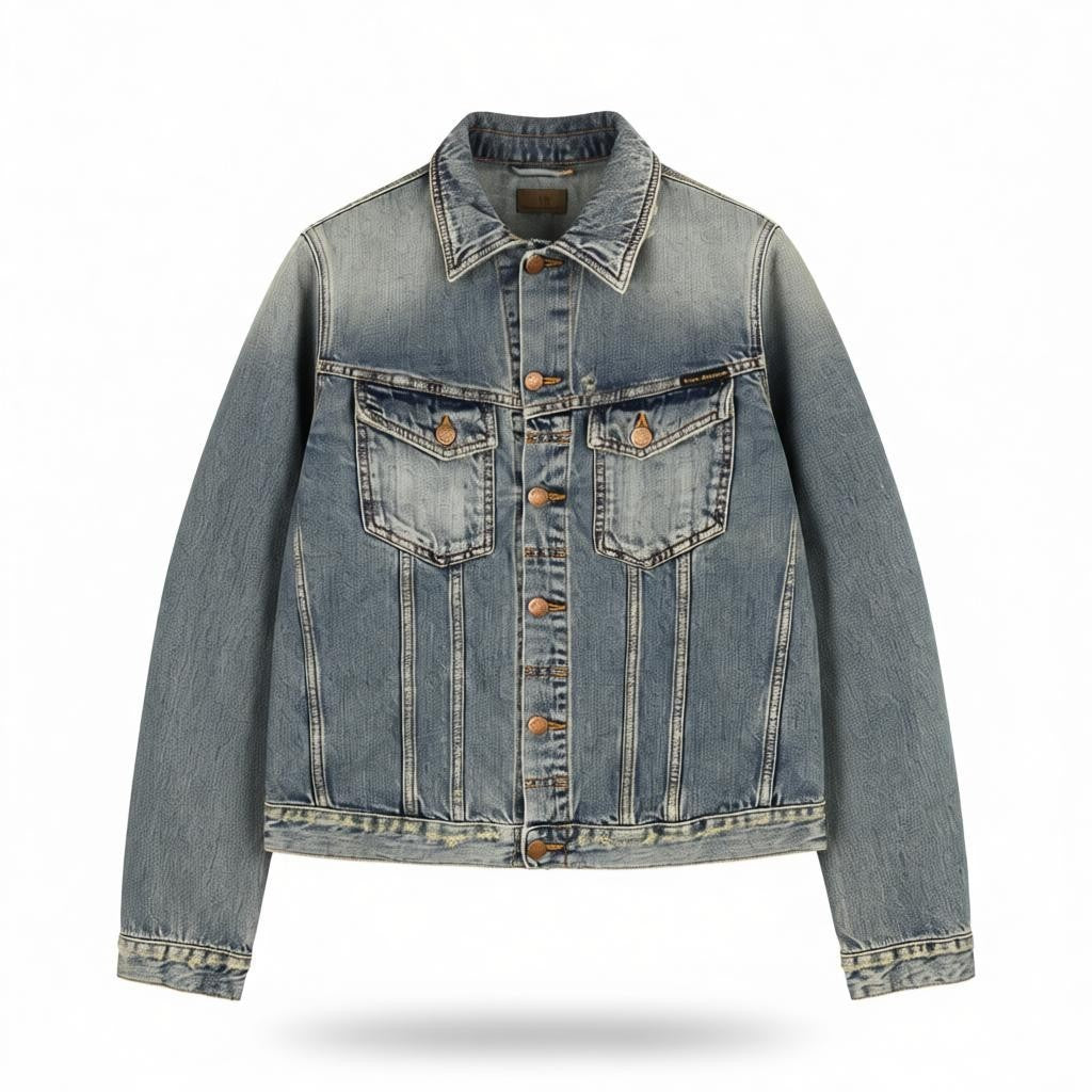 NUDIE JEANS Billy Men's S Shimmering Indigo Ripped Polo Collar Denim Coat