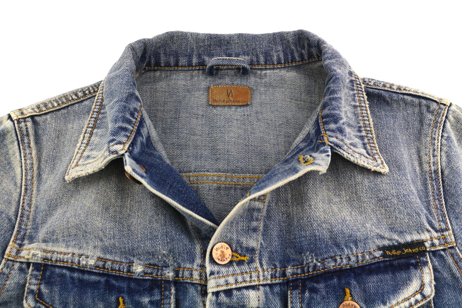 NUDIE JEANS Billy Men's S Shimmering Indigo Ripped Polo Collar Denim Coat