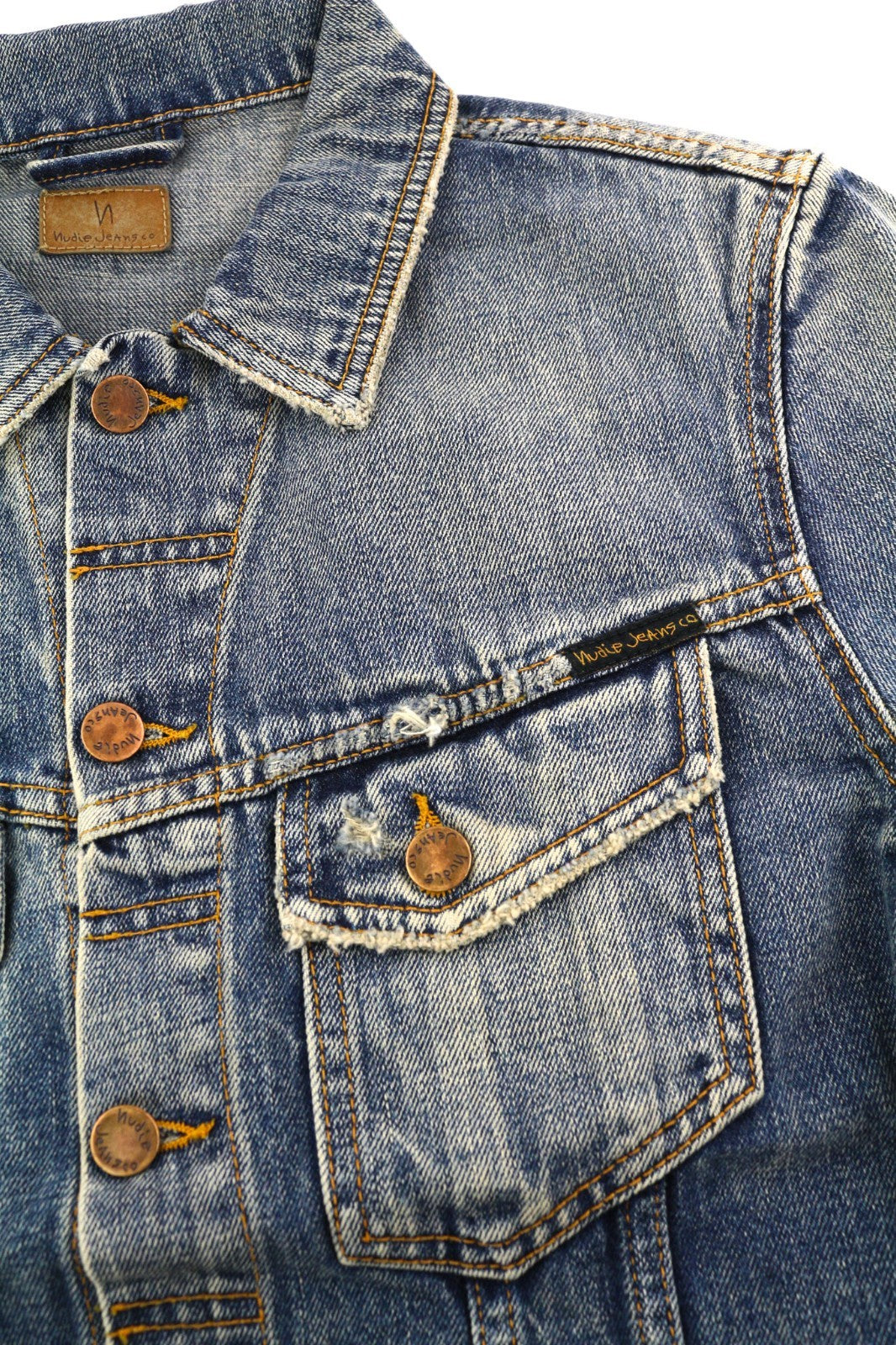 NUDIE JEANS Billy Men's S Shimmering Indigo Ripped Polo Logo Denim Jacket