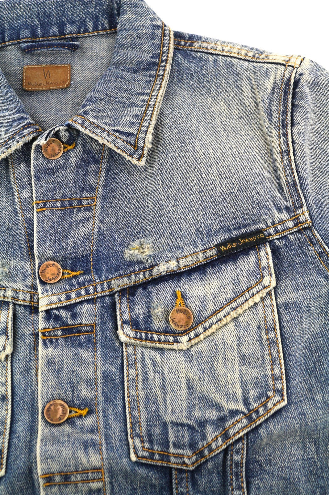 NUDIE JEANS Billy Men's S Shimmering Indigo Ripped Polo Logo Button Jacket