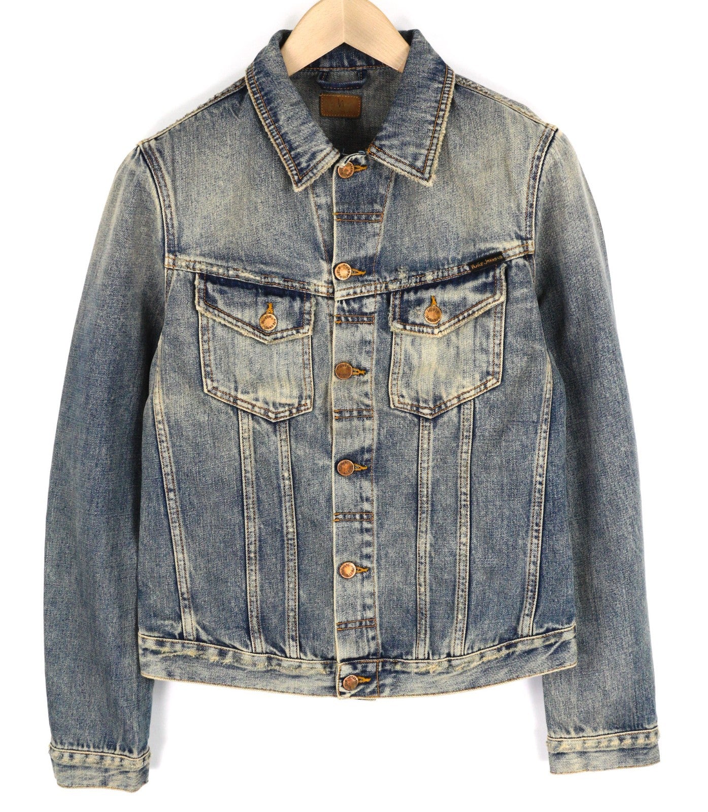 NUDIE JEANS Billy Men's S Shimmering Indigo Ripped Polo Denim Button Jacket