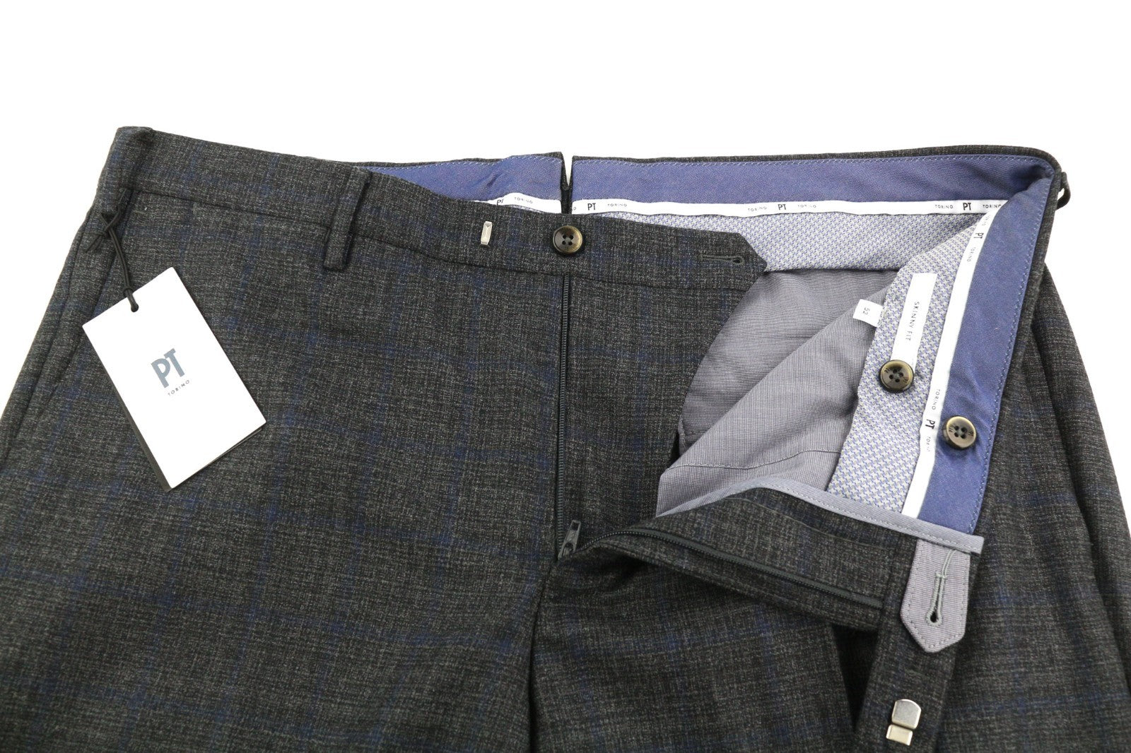 PT TORINO Skinny Fit Men's 52 W36 Plaid Wool Fleece Blend Zip Fly Casual Pants