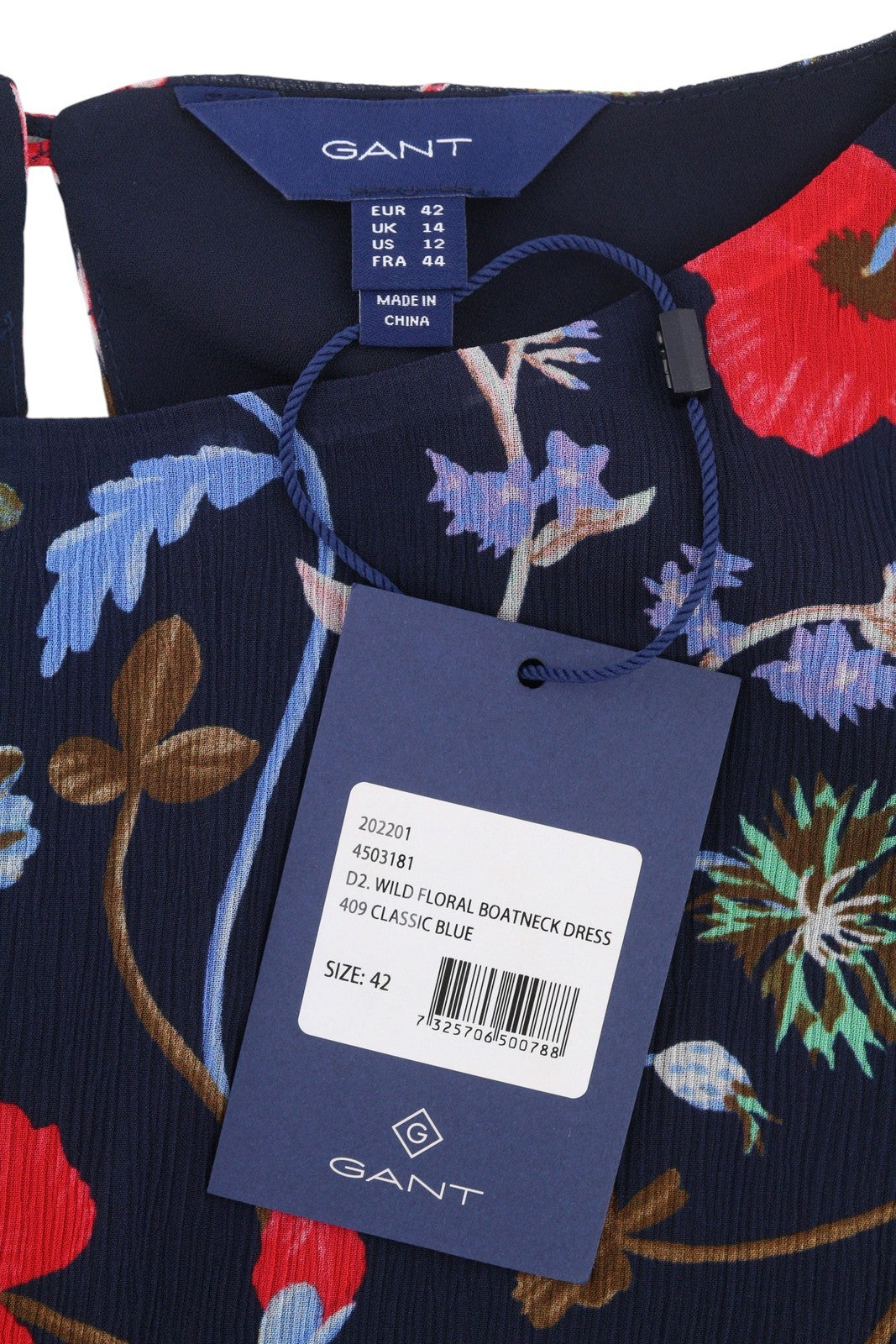 GANT Wild Floral Boatneck Women Dress EU42 Classic Blue Crew Mini Short Sleeve