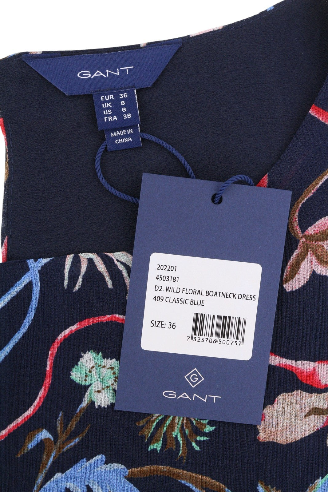 GANT Wild Floral Boatneck Women Dress EU36 Classic Blue Crew Mini Short Sleeve