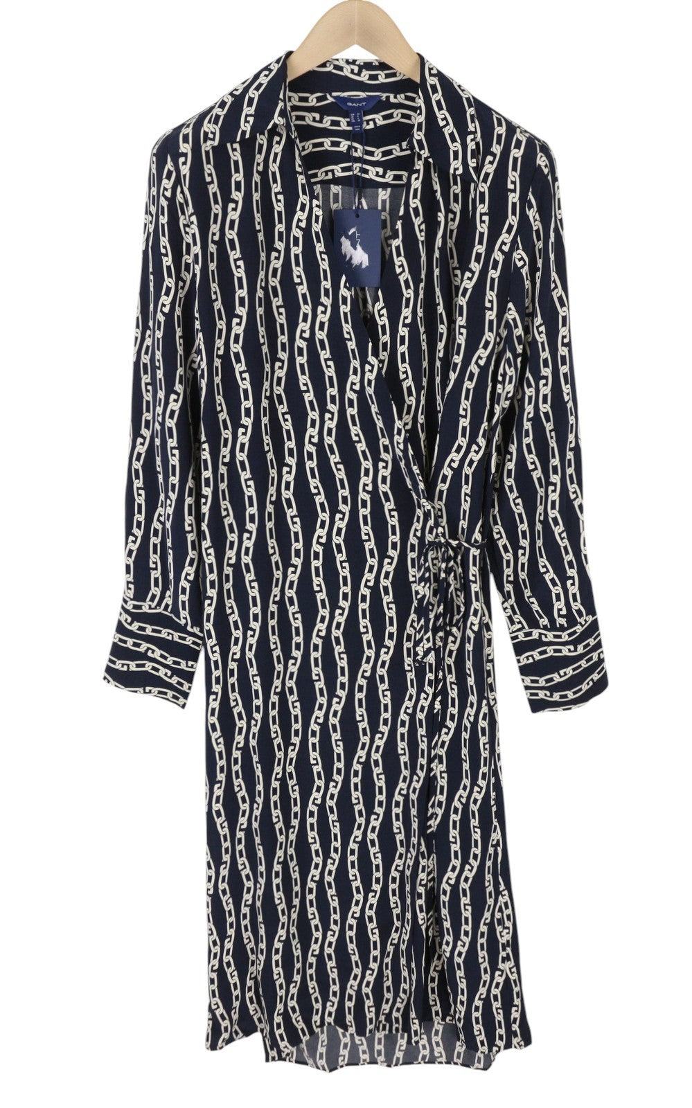 GANT Reg Chain Print Wrap Women Dress EU36 Evening Blue Long Sleeve Midi