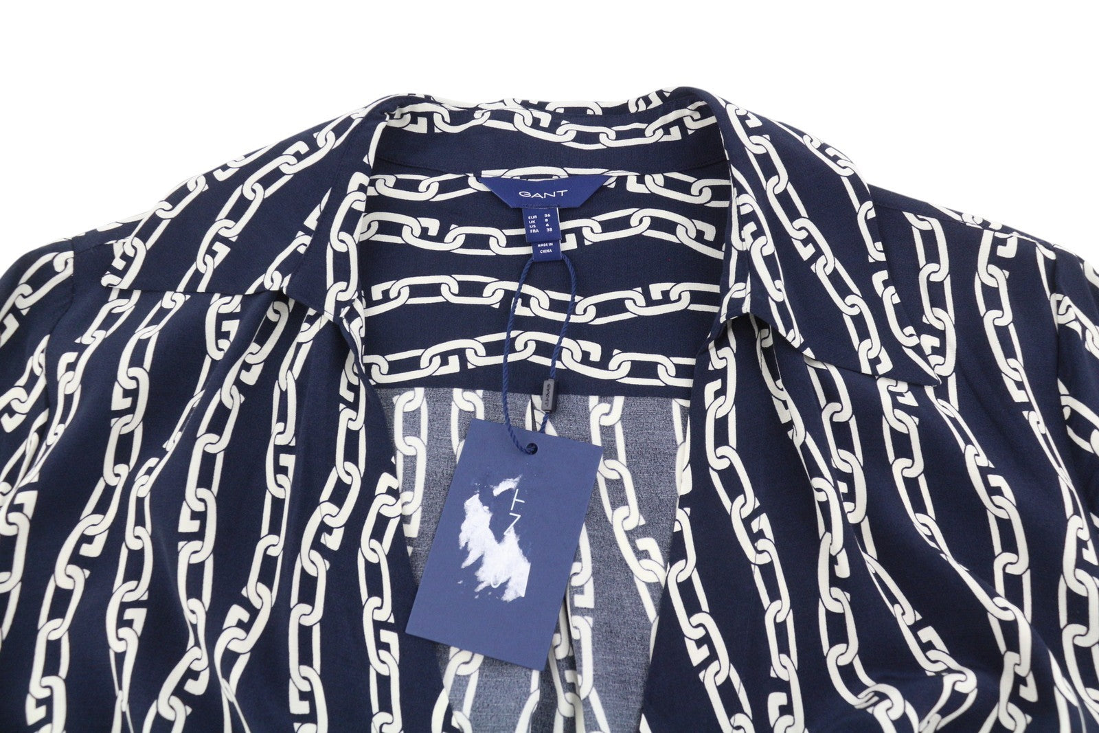 GANT Reg Chain Print Wrap Women Dress EU36 Evening Blue Long Sleeve Midi