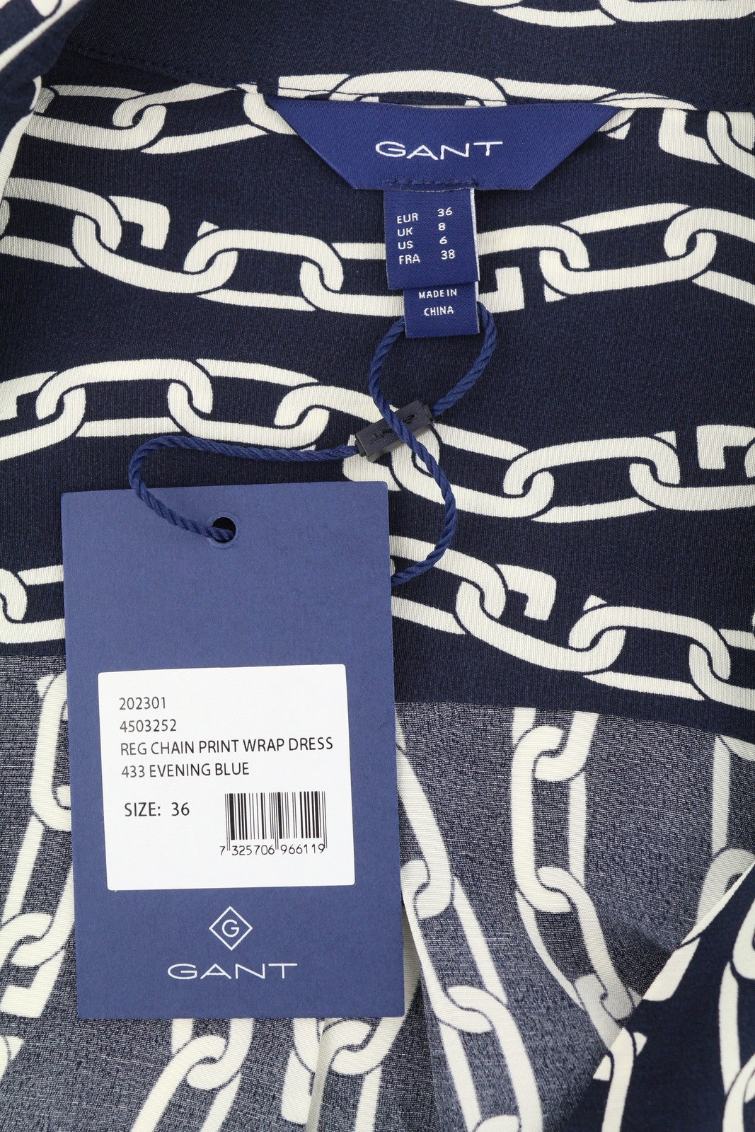 GANT Reg Chain Print Wrap Women Dress EU36 Evening Blue Long Sleeve Midi