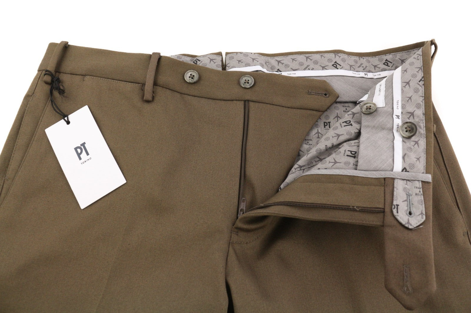 PT TORINO Skinny Fit Men's 50 W33 Mid Brown Chino Zipper Pocket Casual Pants