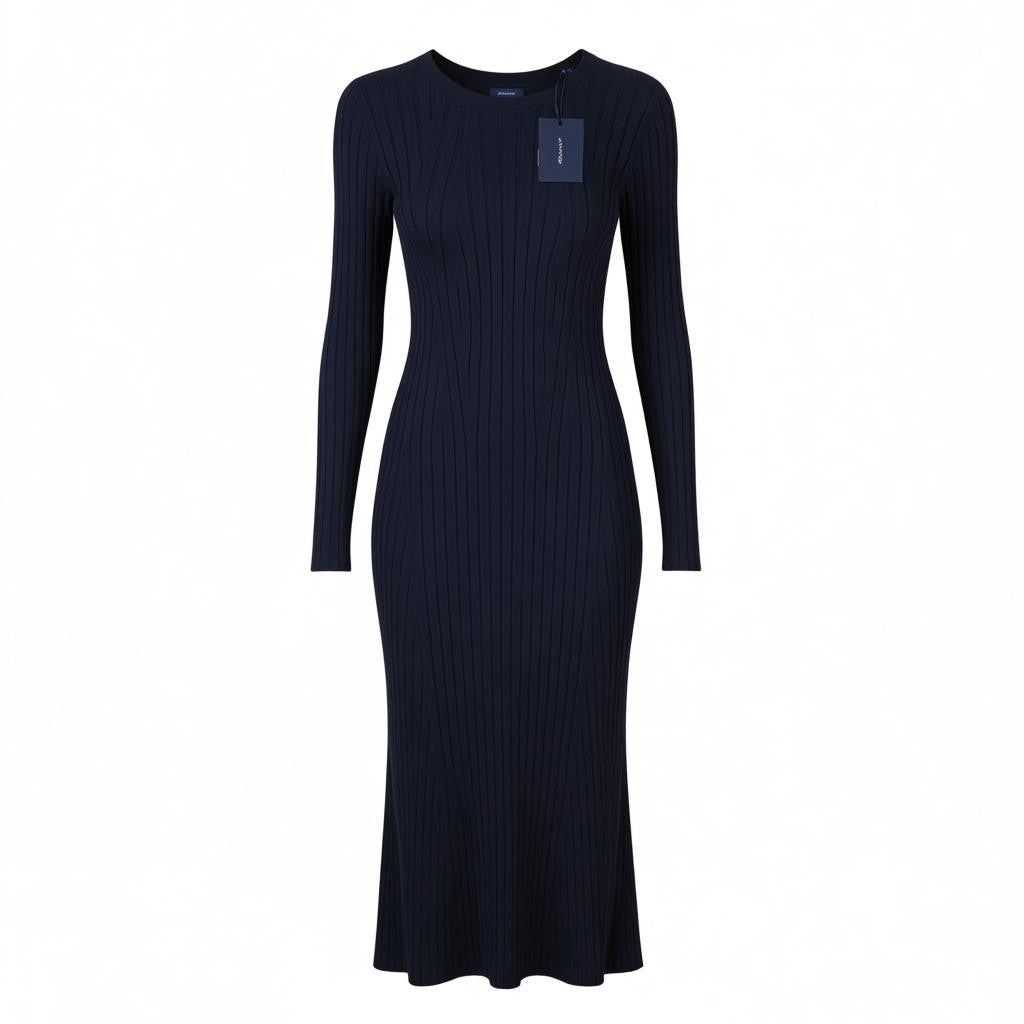 GANT Ribbed C-Neck Women Dress M Evening Blue Navy Knitted Midi Long Sleeve