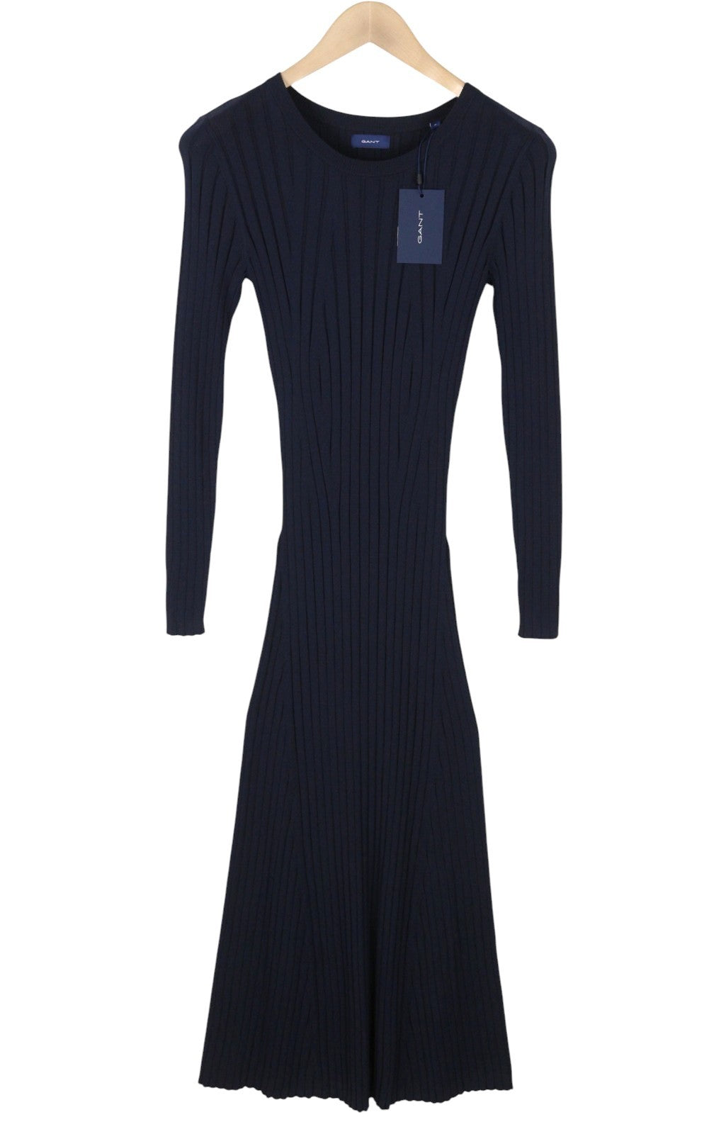 GANT Ribbed C-Neck Women Dress M Evening Blue Navy Knitted Midi Long Sleeve