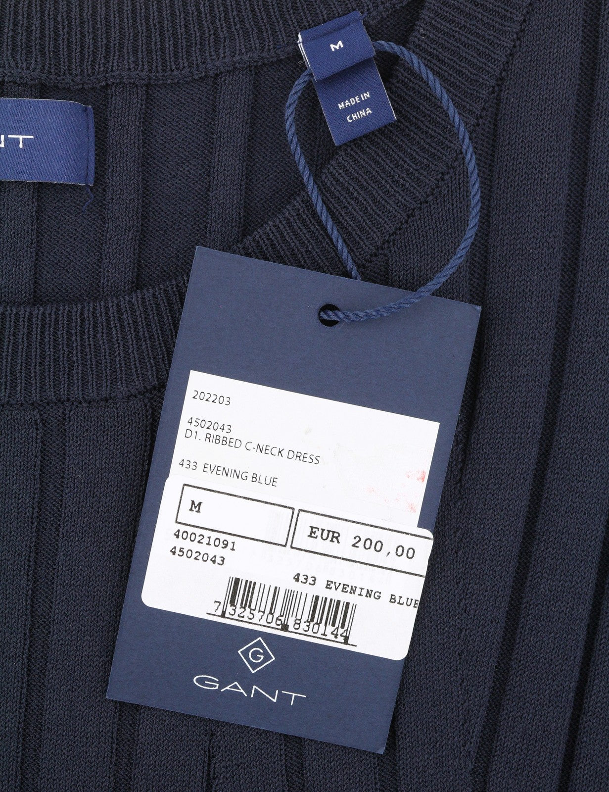 GANT Ribbed C-Neck Women Dress M Evening Blue Navy Knitted Midi Long Sleeve