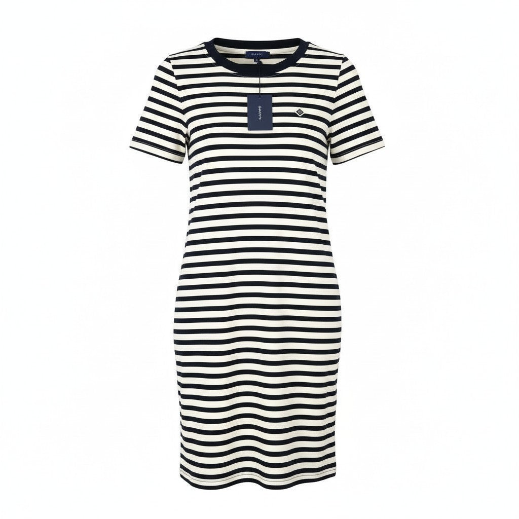 GANT Icon G Striped Jersey Women Dress S Evening Blue Crew Neck Short Sleeve