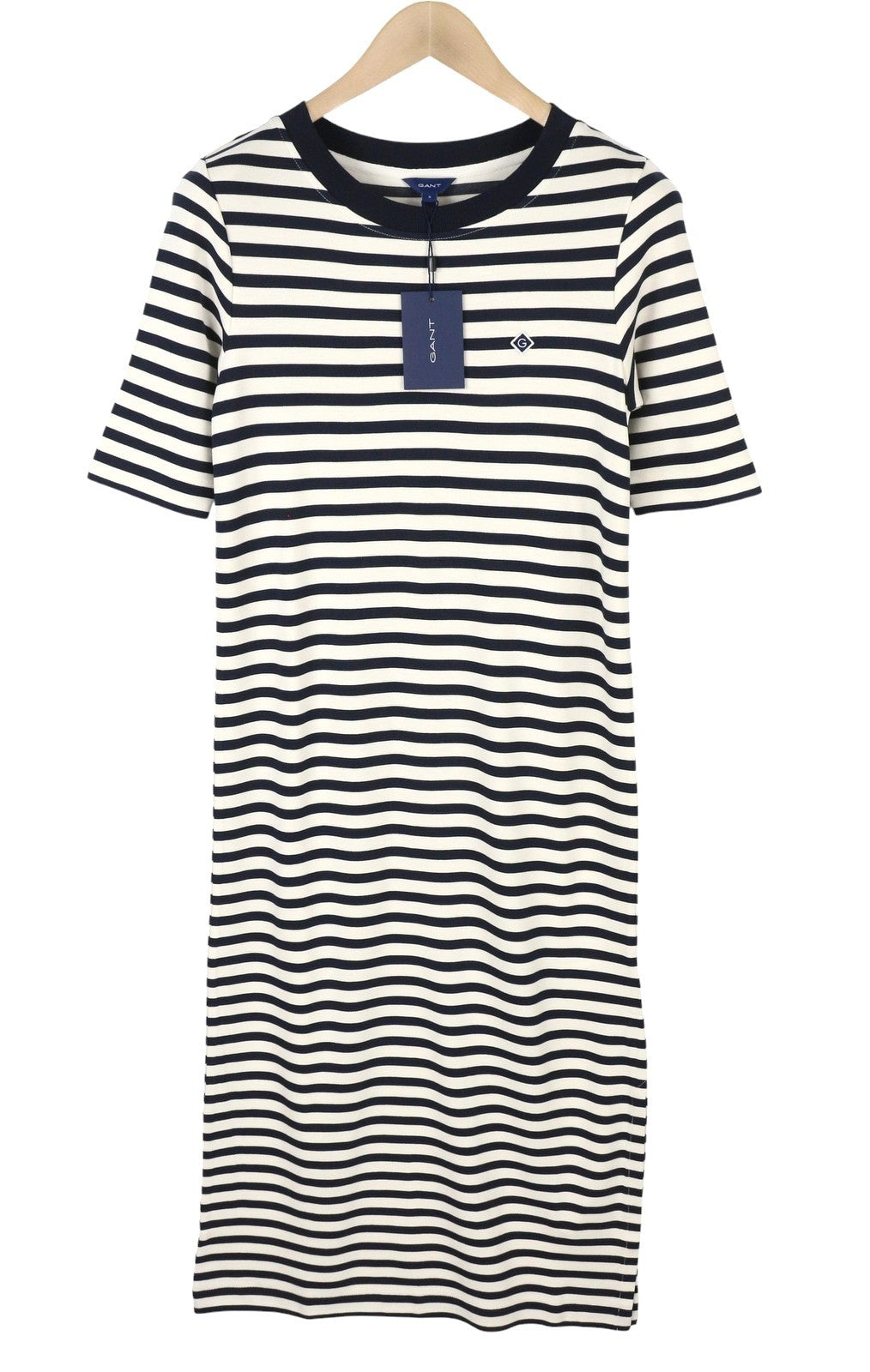 GANT Icon G Striped Jersey Women Dress S Evening Blue Crew Neck Short Sleeve