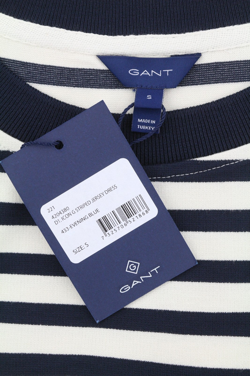 GANT Icon G Striped Jersey Women Dress S Evening Blue Crew Neck Short Sleeve