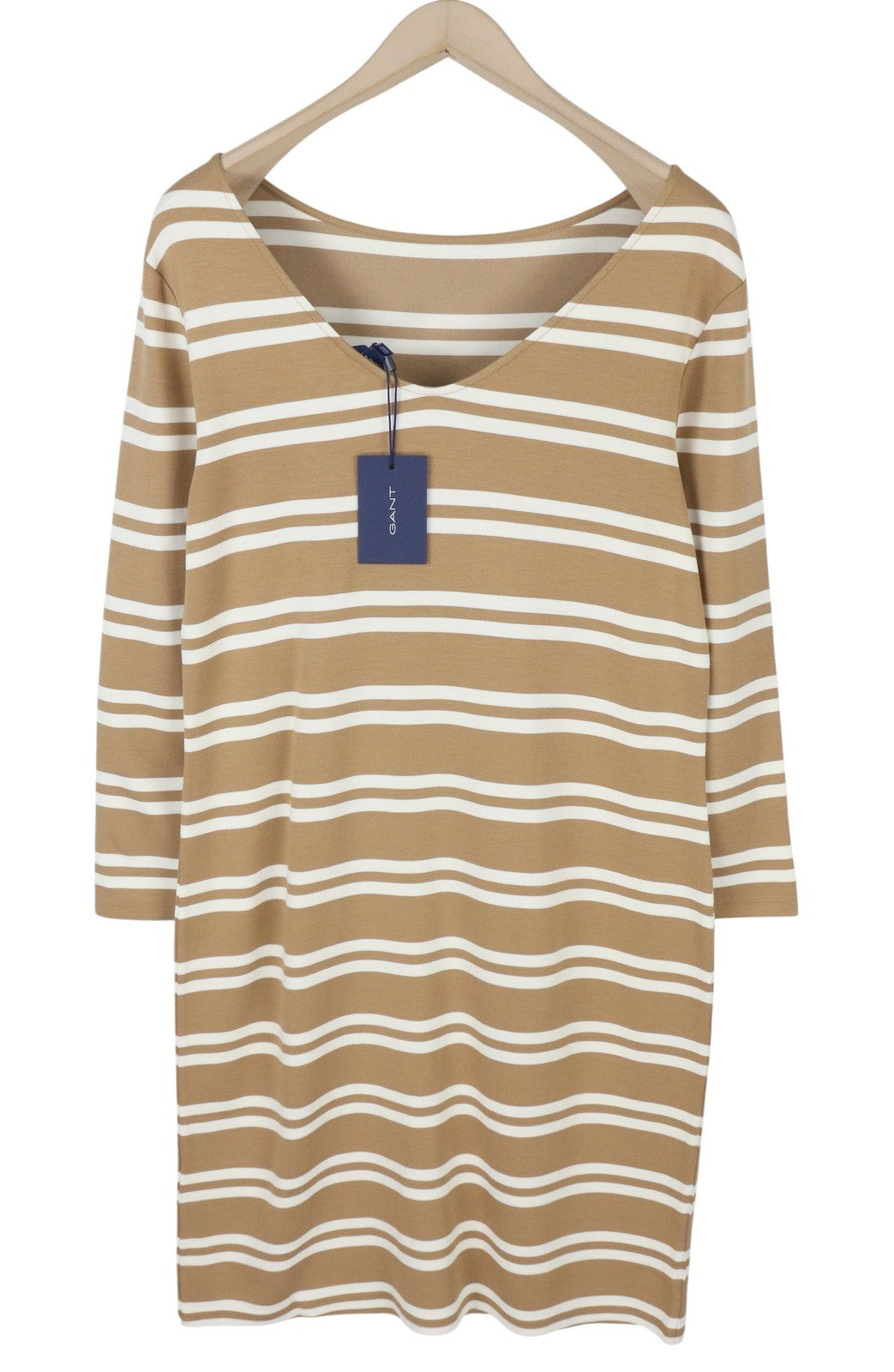 GANT Striped Women Dress L Warm Khaki Crew Neck Tricot Knee-Length Long Sleeve