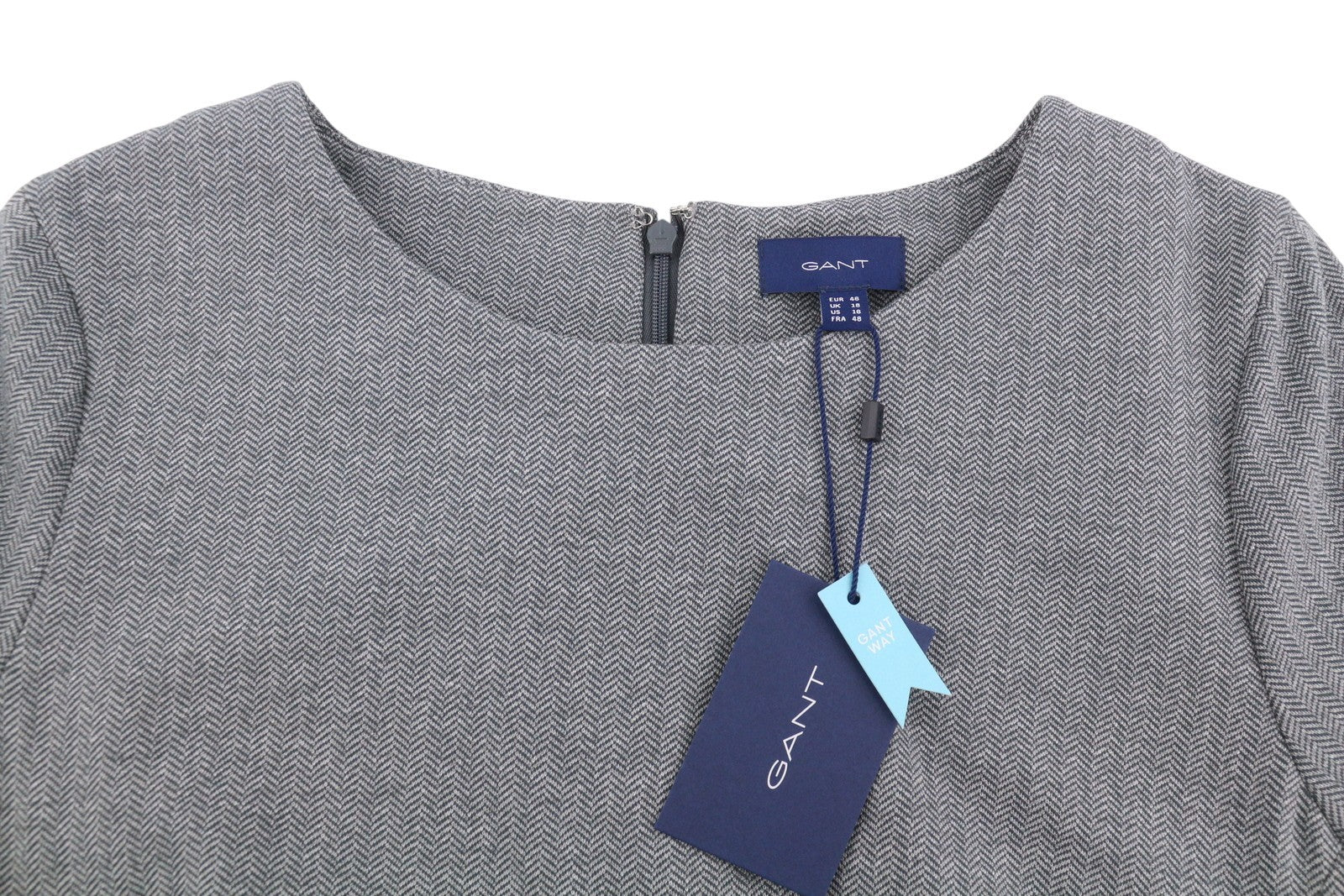 GANT Herringbone Jersey Shift Women Dress EU46 Grey Melange Pockets 3/4 Sleeve