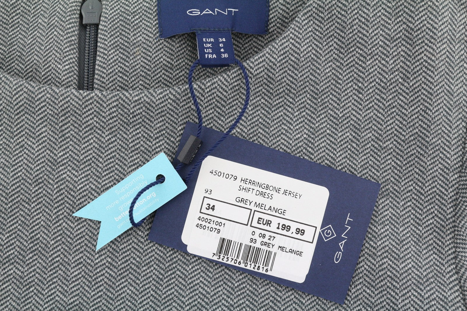 GANT Herringbone Jersey Shift Women Dress EU34 Grey Melange Pockets 3/4 Sleeve