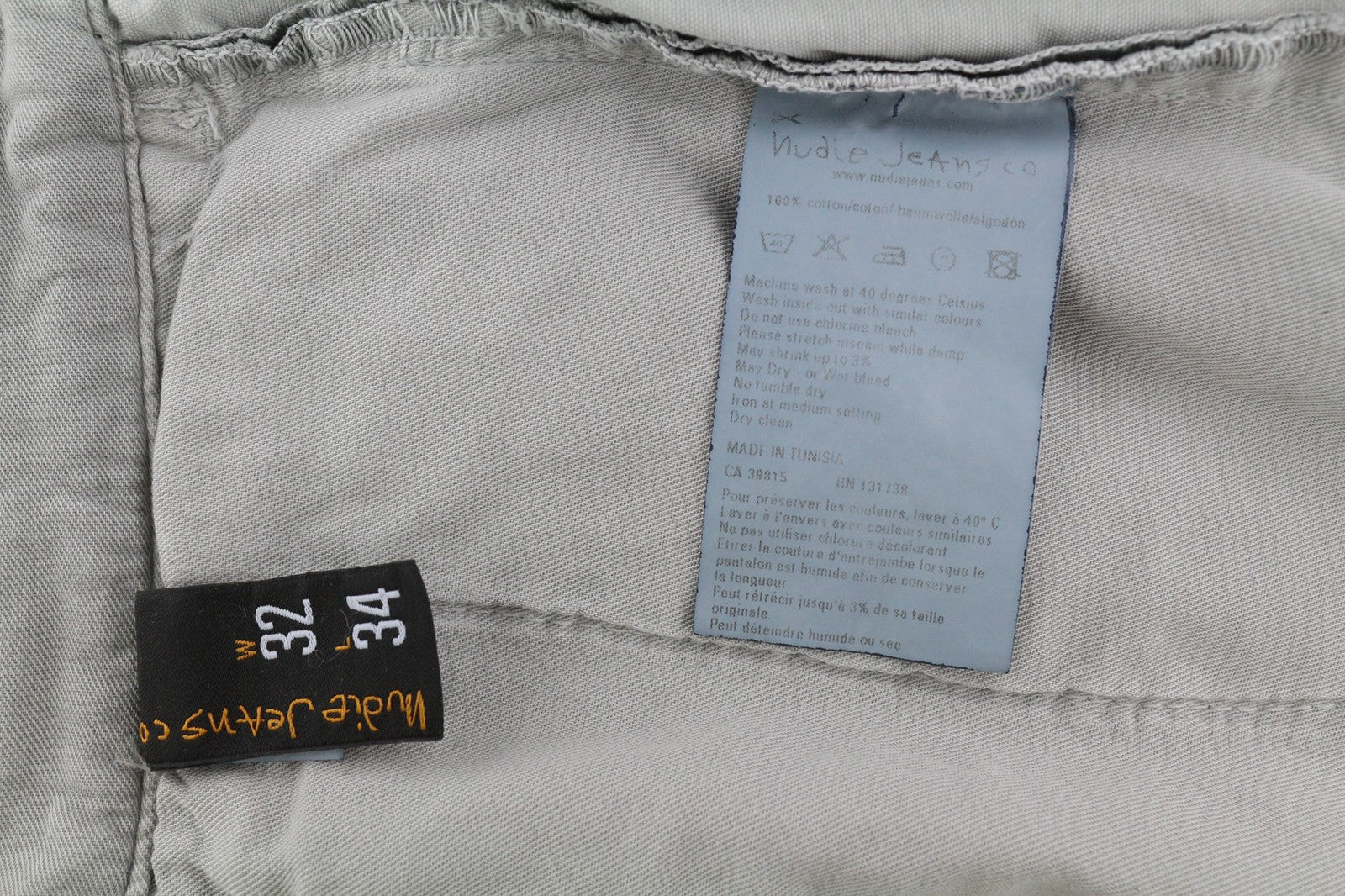 NUDIE JEANS Khaki Regular Men's W32/L34 Organic Cotton Moon Dust Chino Trousers