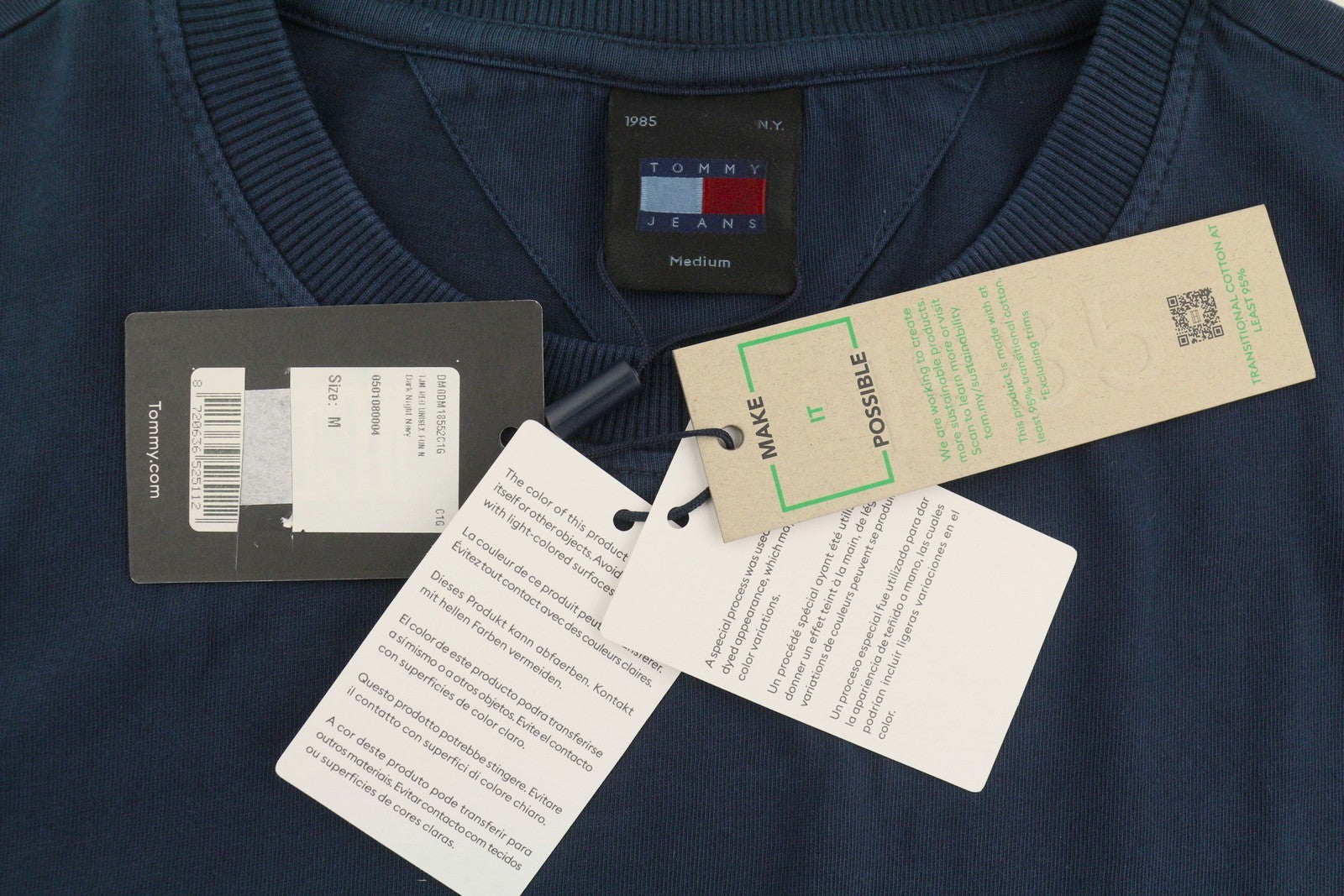 TOMMY HILFIGER Men T-Shirt M Dark Blue Crew Neck Tricot Logo Short Sleeve