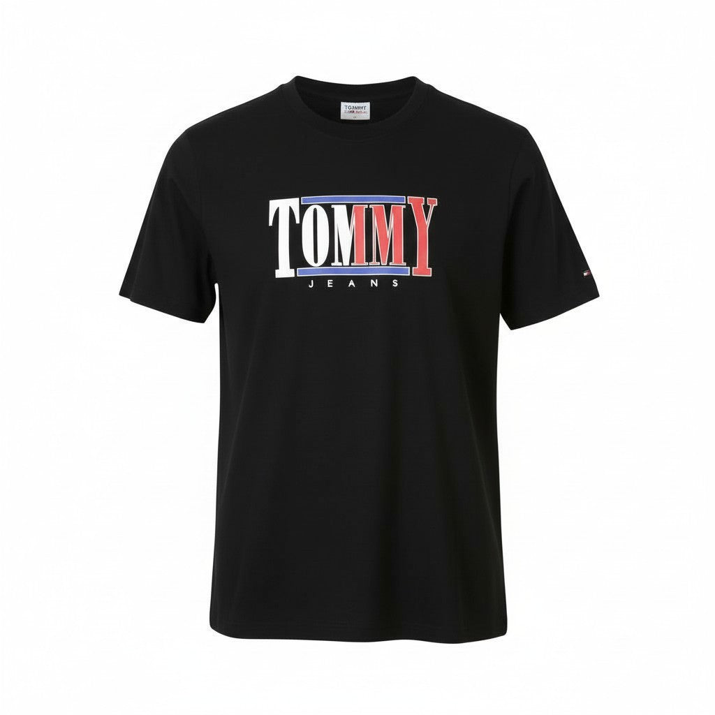 TOMMY HILFIGER Men T-Shirt L Black Crew Neck Tricot Front Logo Short Sleeve