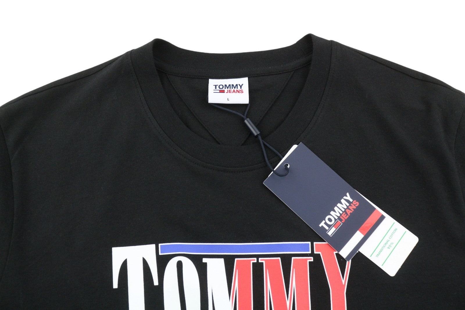 TOMMY HILFIGER Men T-Shirt L Black Crew Neck Tricot Front Logo Short Sleeve