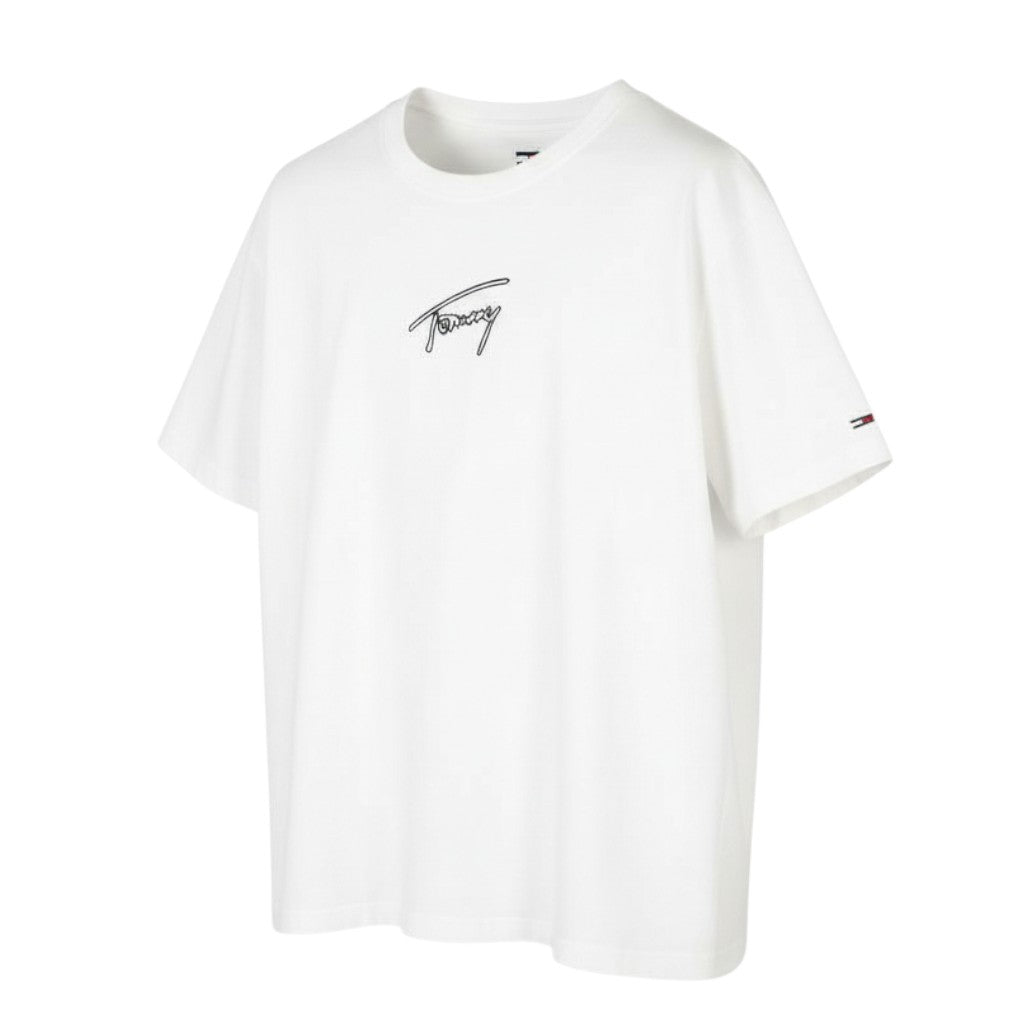 TOMMY HILFIGER Men T-Shirt XL White Crew Neck Front Logo Tricot Short Sleeve