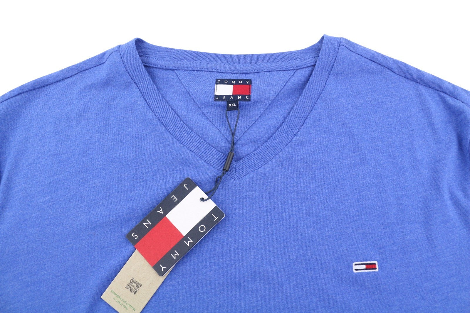 TOMMY HILFIGER Slim Jaspe Men T-Shirt 2XL Blue Melange V-Neck Short Sleeve