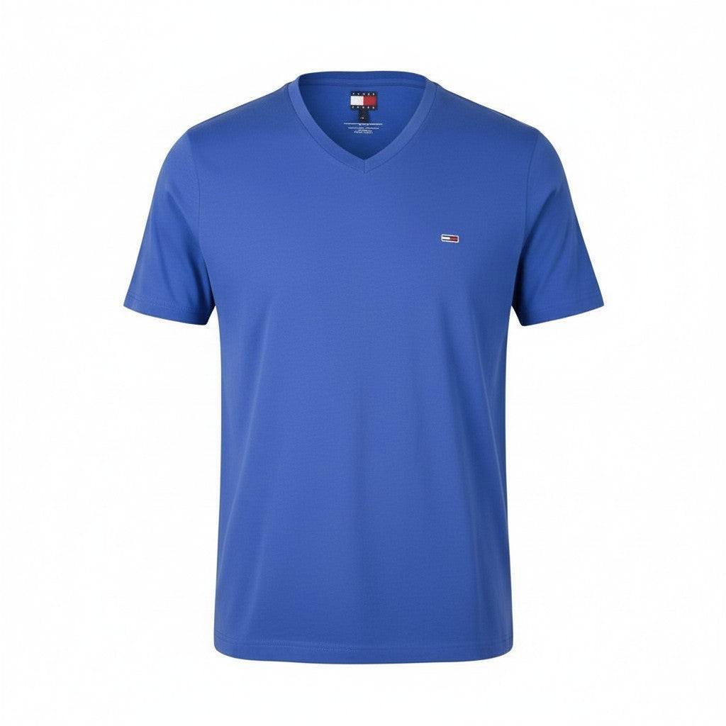 TOMMY HILFIGER Slim Jaspe Men T-Shirt M Blue Melange V-Neck Tricot Short Sleeve