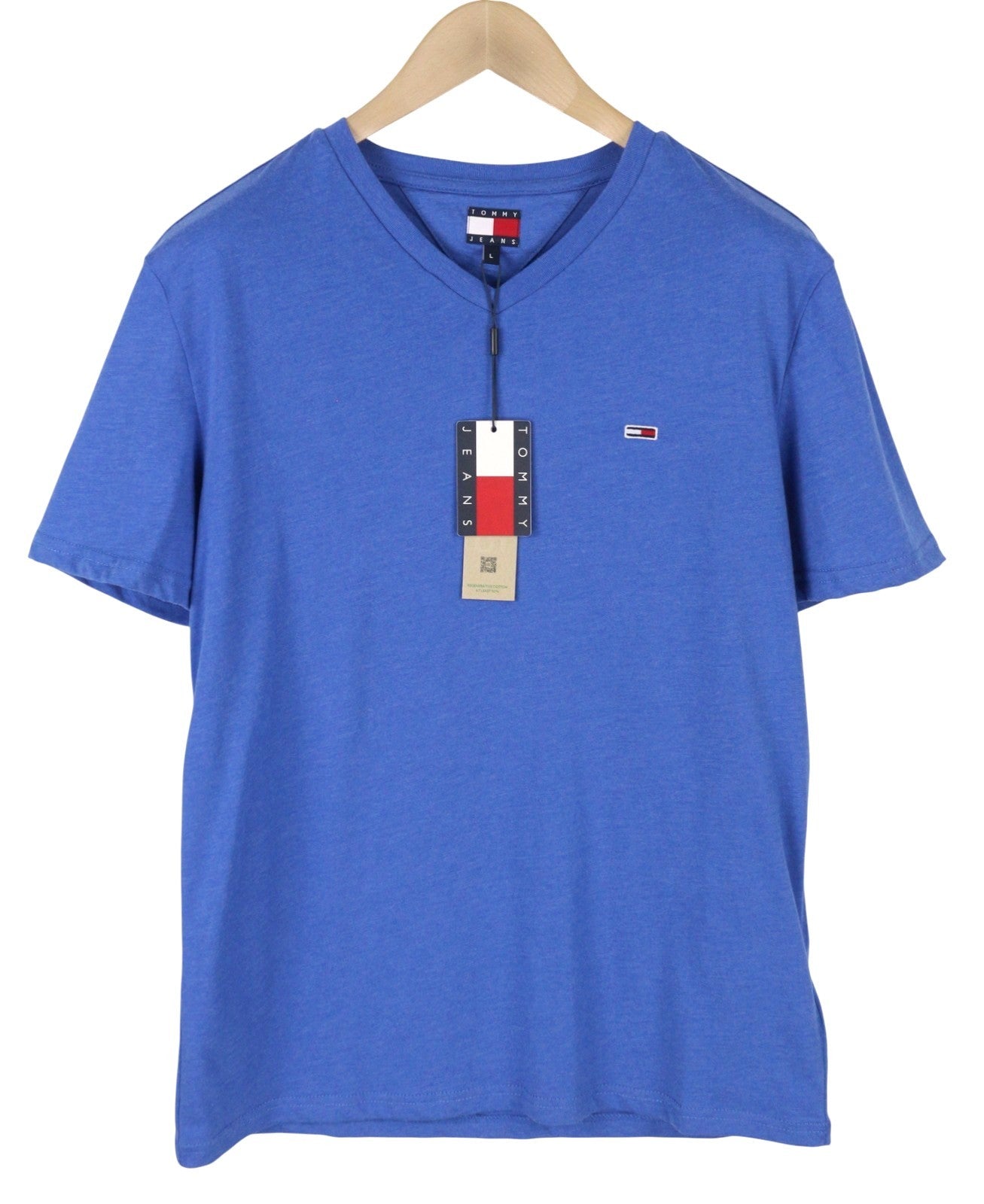 TOMMY HILFIGER Slim Jaspe Men T-Shirt L Blue Melange V-Neck Tricot Short Sleeve