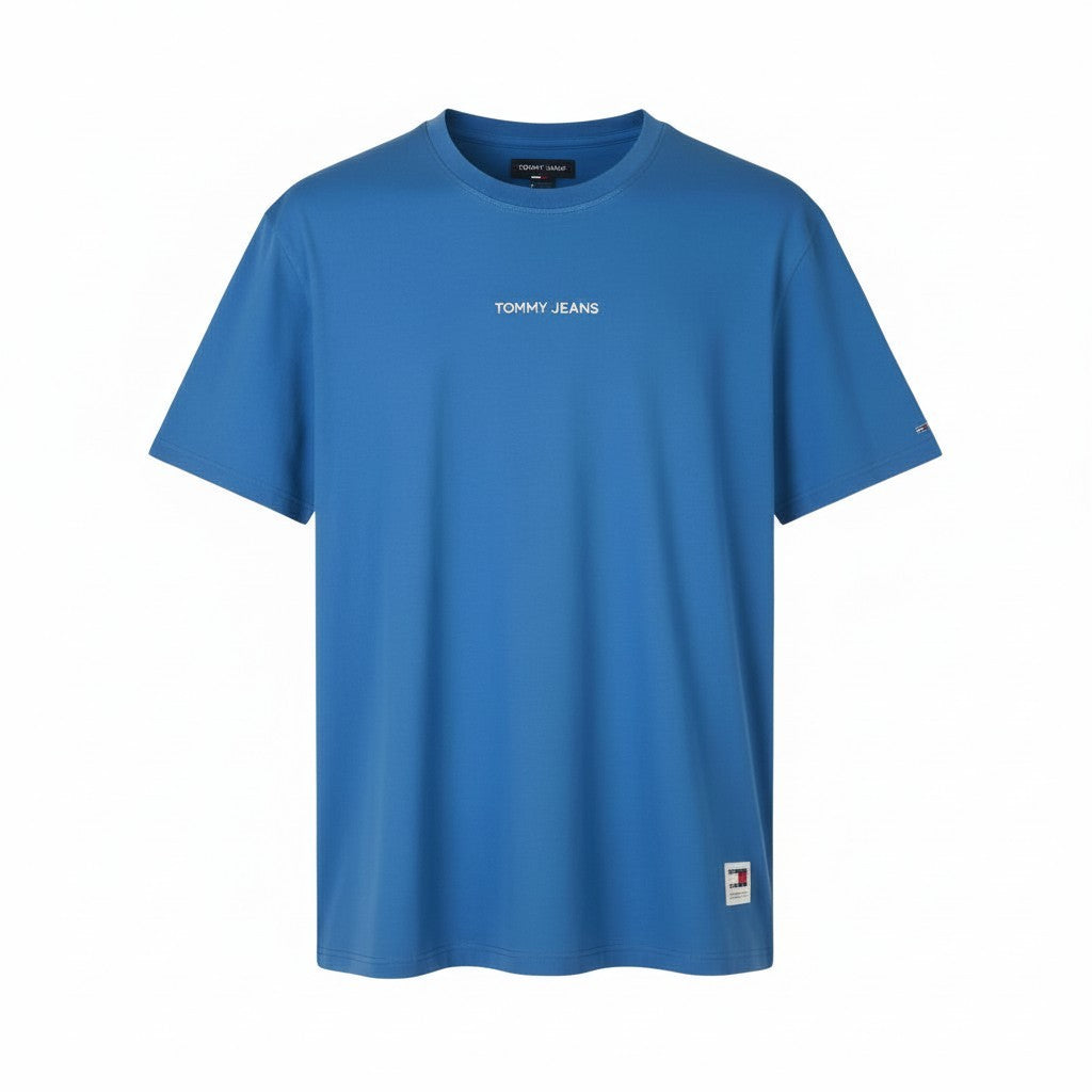 TOMMY HILFIGER Men T-Shirt M Blue Crew Neck Front Logo Tricot Short Sleeve