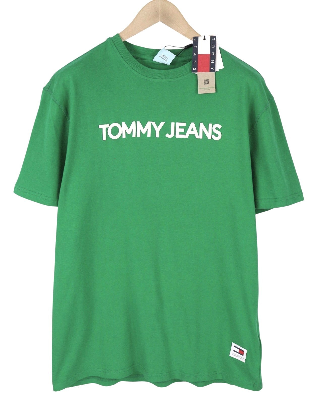 TOMMY HILFIGER Men T-Shirt XL Green Crew Neck Front Logo Tricot Short Sleeve