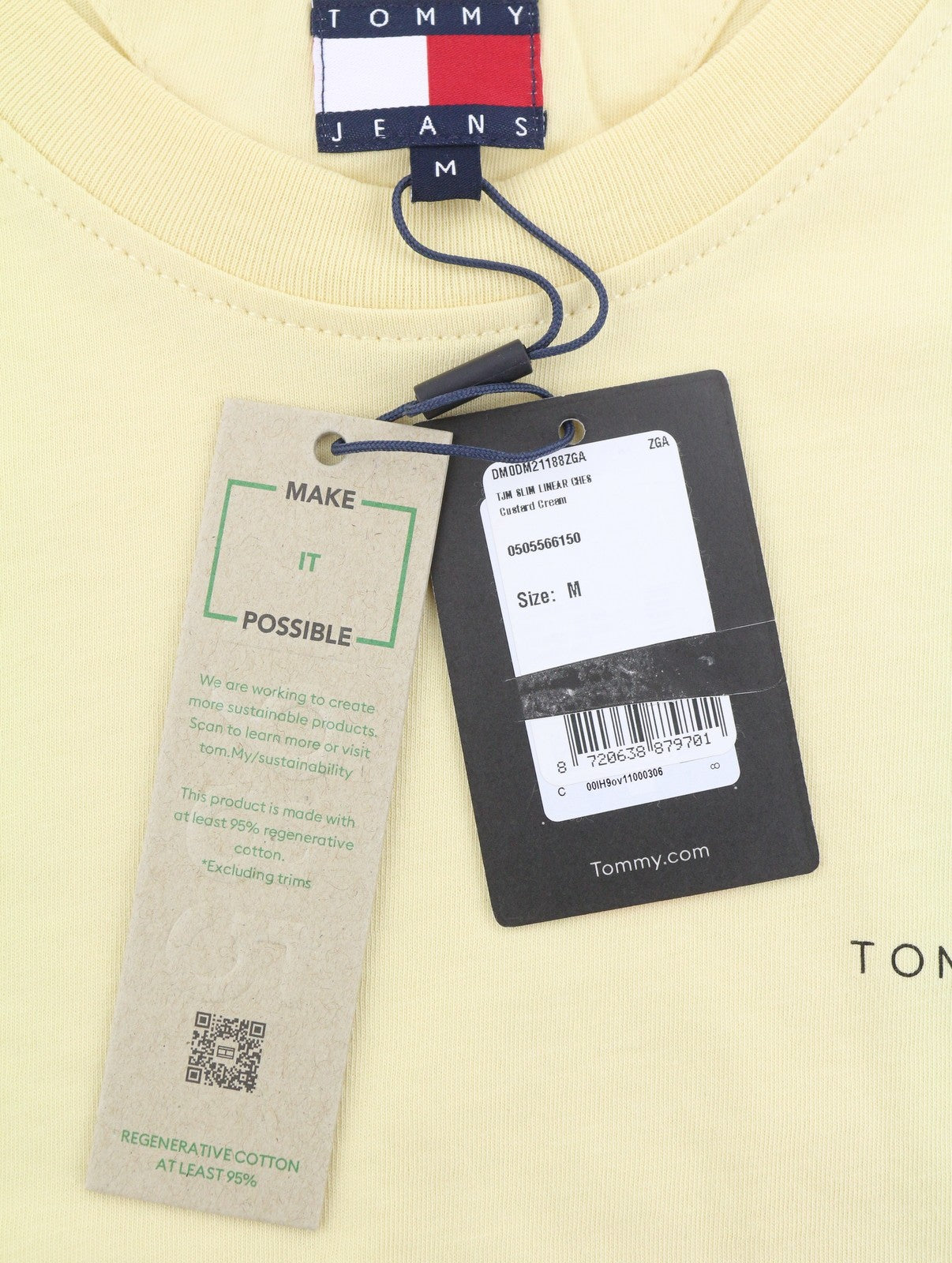 TOMMY HILFIGER Slim Linear Ches Men T-Shirt M Custard Cream Crew Neck Tricot