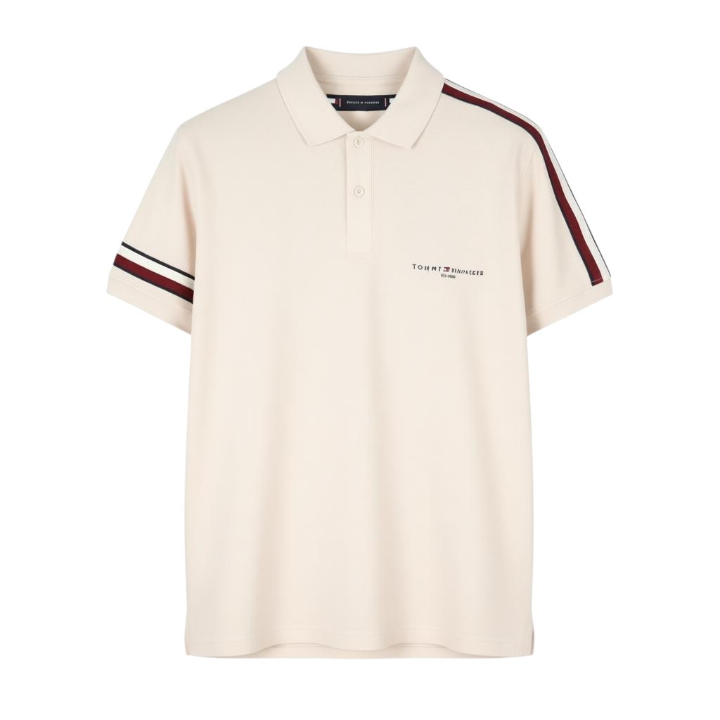 TOMMY HILFIGER Global Stripe Sleeve Men Polos XL Feather White Short Sleeve