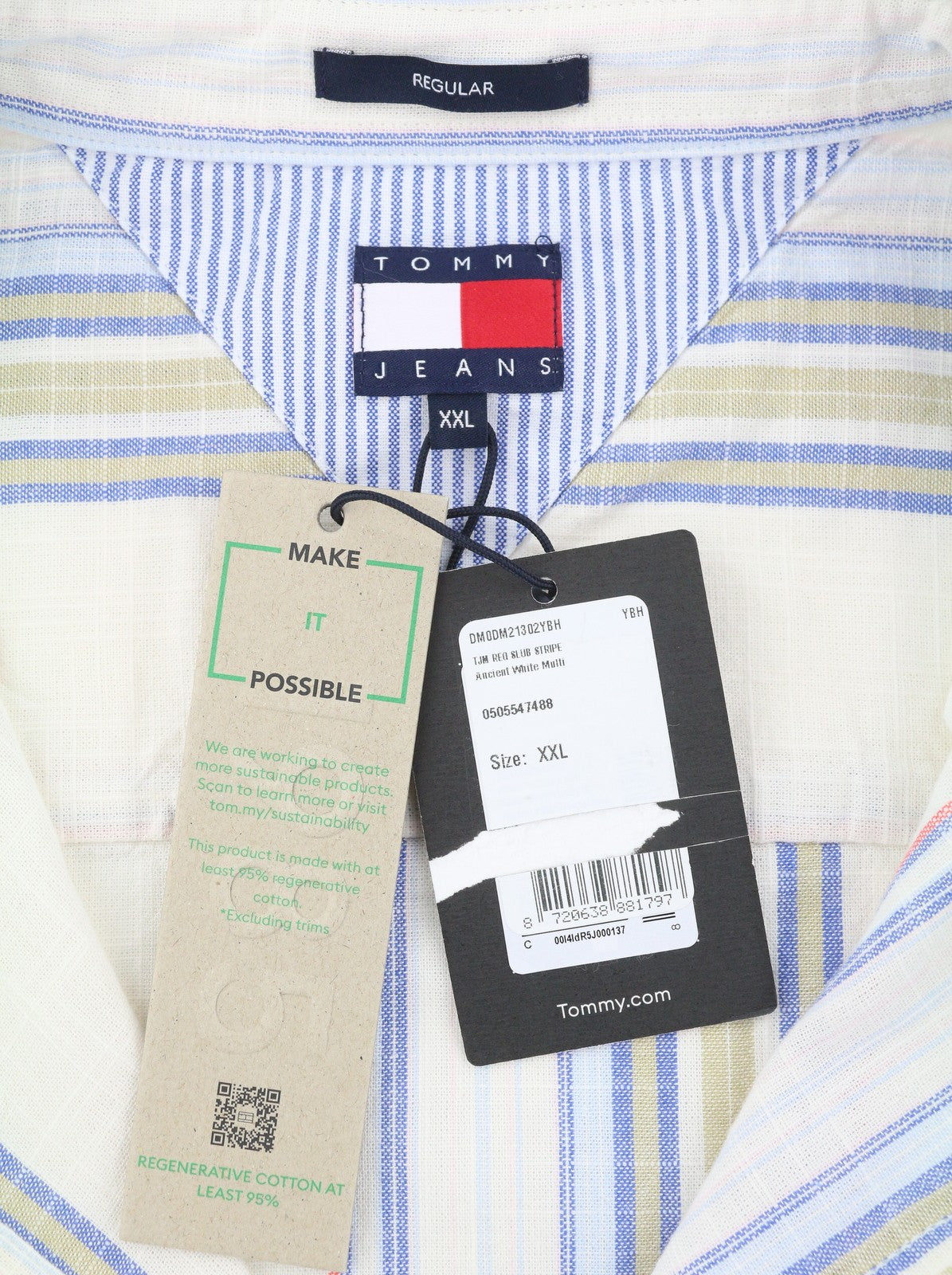 TOMMY HILFIGER Reg Slub Stripe Men Shirt 2XL Colourful Spread Neck Short Sleeve