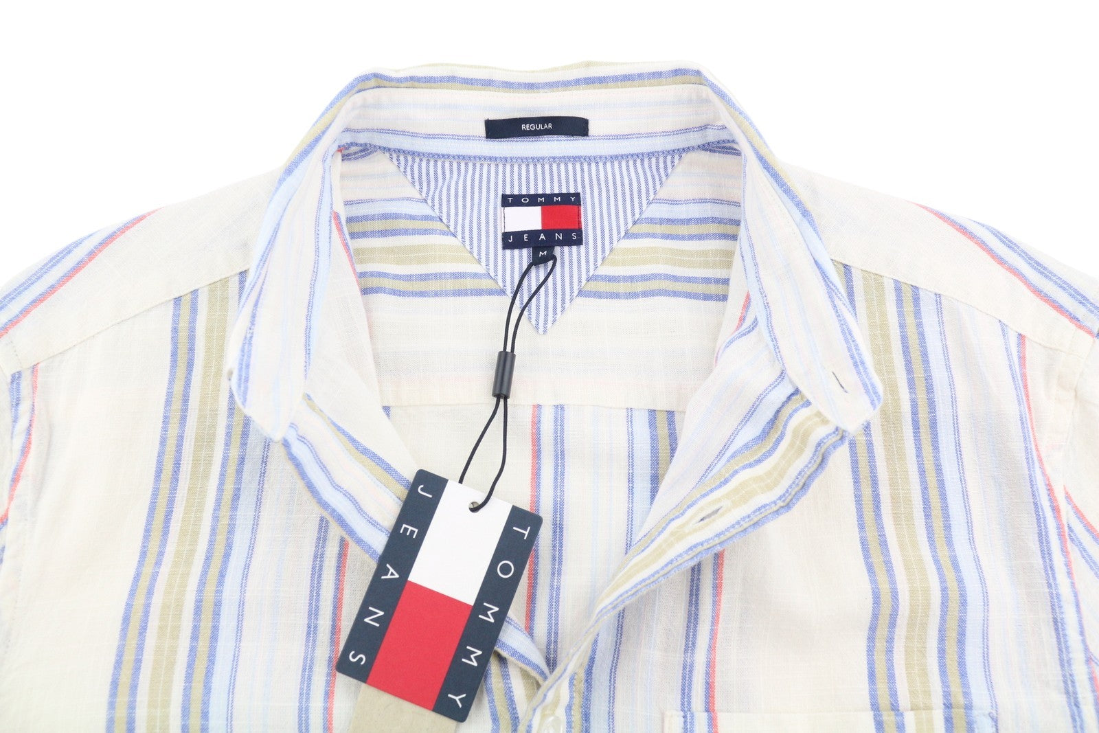 TOMMY HILFIGER Reg Slub Stripe Men Shirt M Colourful Spread Neck Short Sleeve