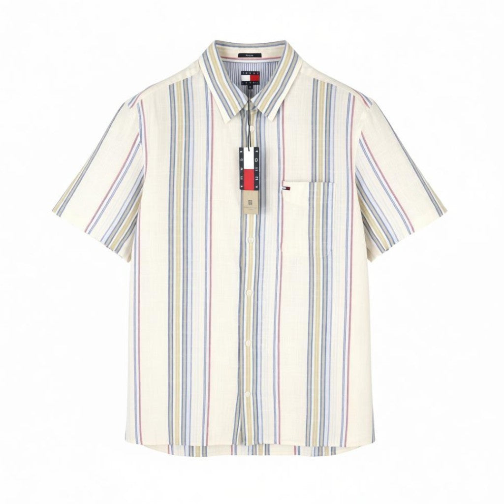 TOMMY HILFIGER Reg Slub Stripe Men Shirt S Colourful Spread Neck Short Sleeve
