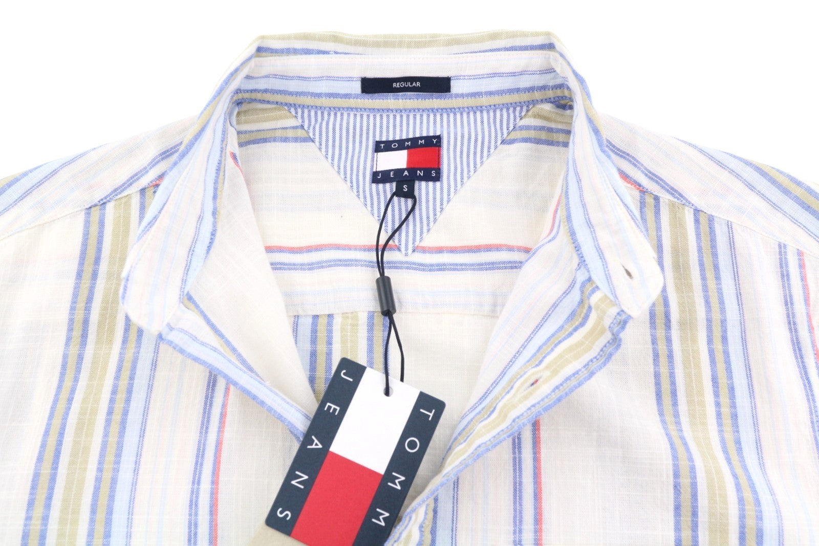 TOMMY HILFIGER Reg Slub Stripe Men Shirt S Colourful Spread Neck Short Sleeve