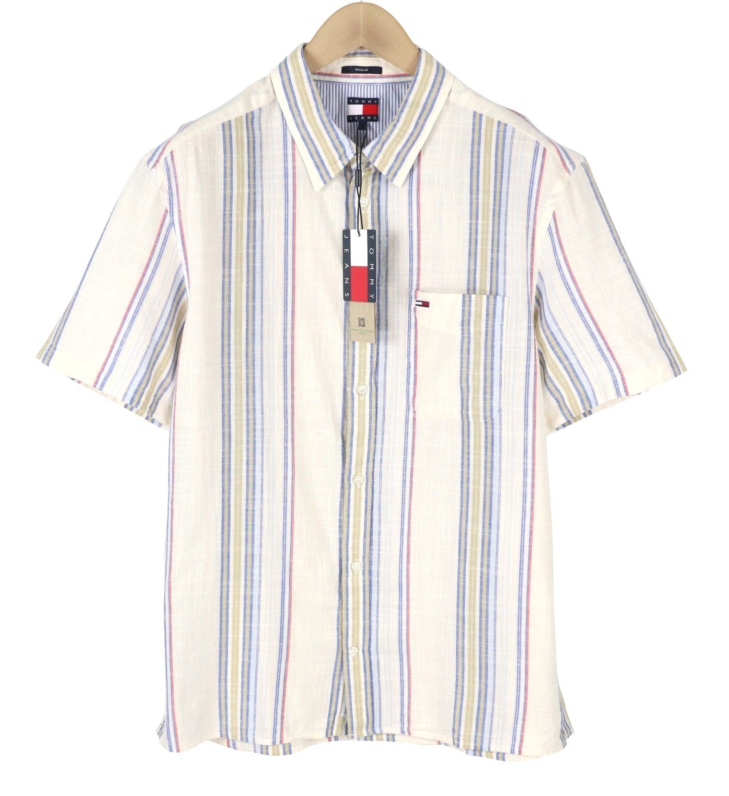 TOMMY HILFIGER Reg Slub Stripe Men Shirt S Colourful Spread Neck Short Sleeve