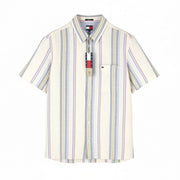 TOMMY HILFIGER Reg Slub Stripe Men Shirt L Colourful Spread Neck Short Sleeve