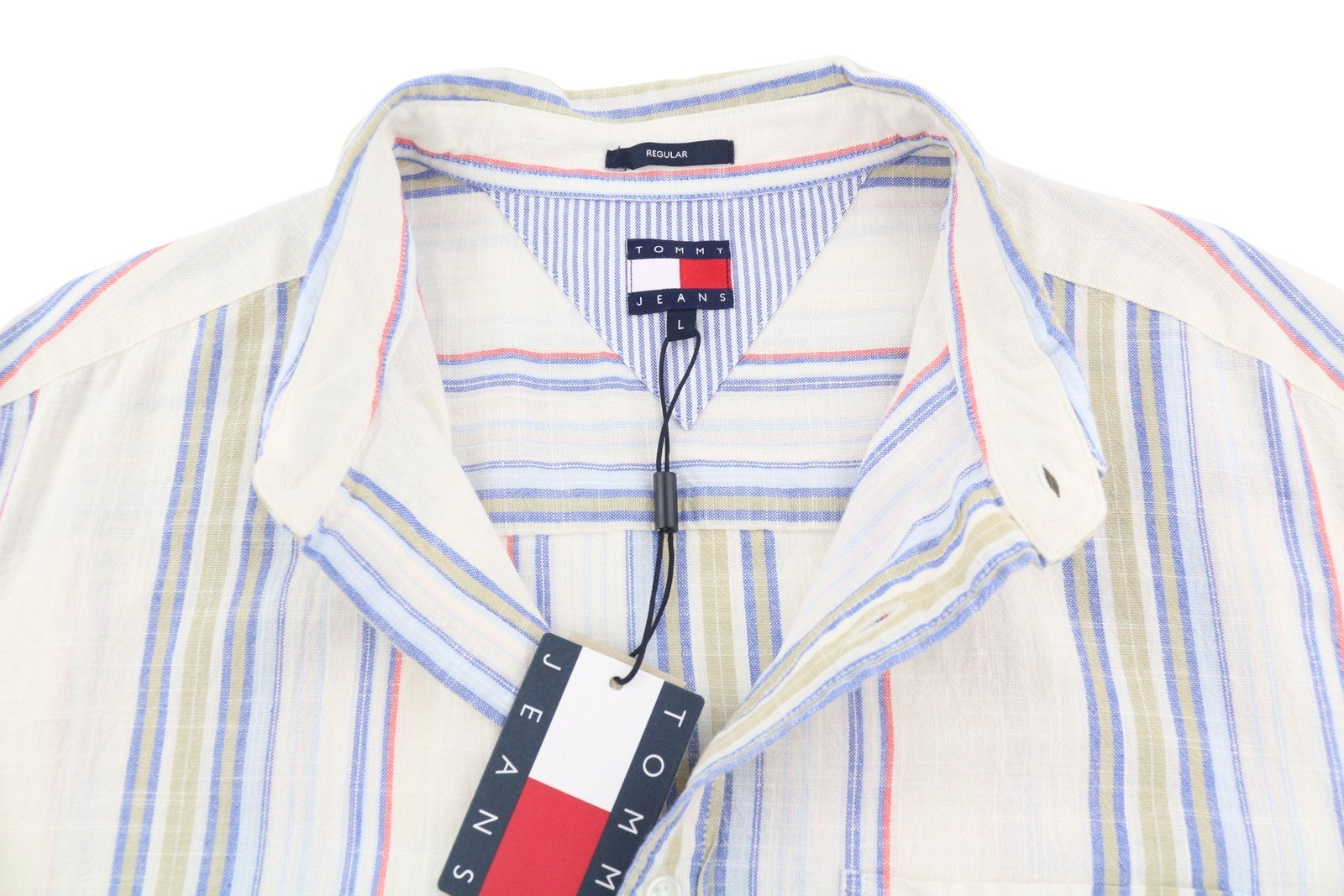 TOMMY HILFIGER Reg Slub Stripe Men Shirt L Colourful Spread Neck Short Sleeve