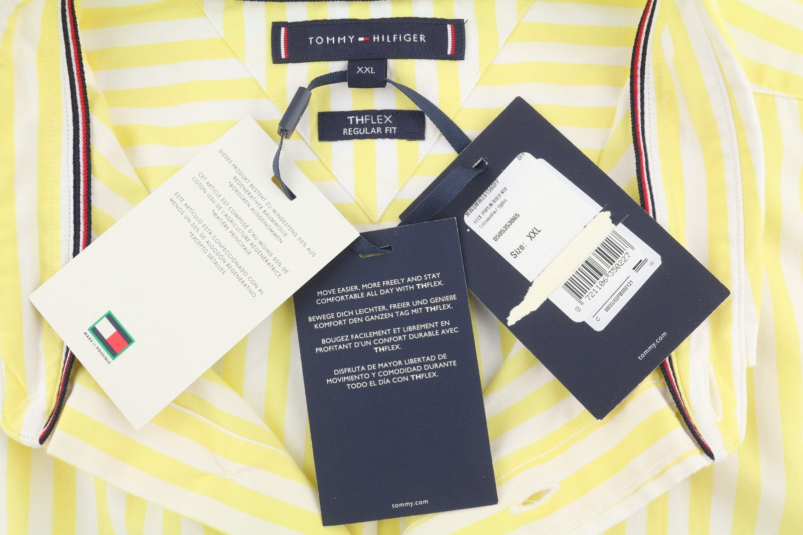TOMMY HILFIGER THFlex Poplin Bold Men Shirt 2XL Yellow Striped Button-Down Neck
