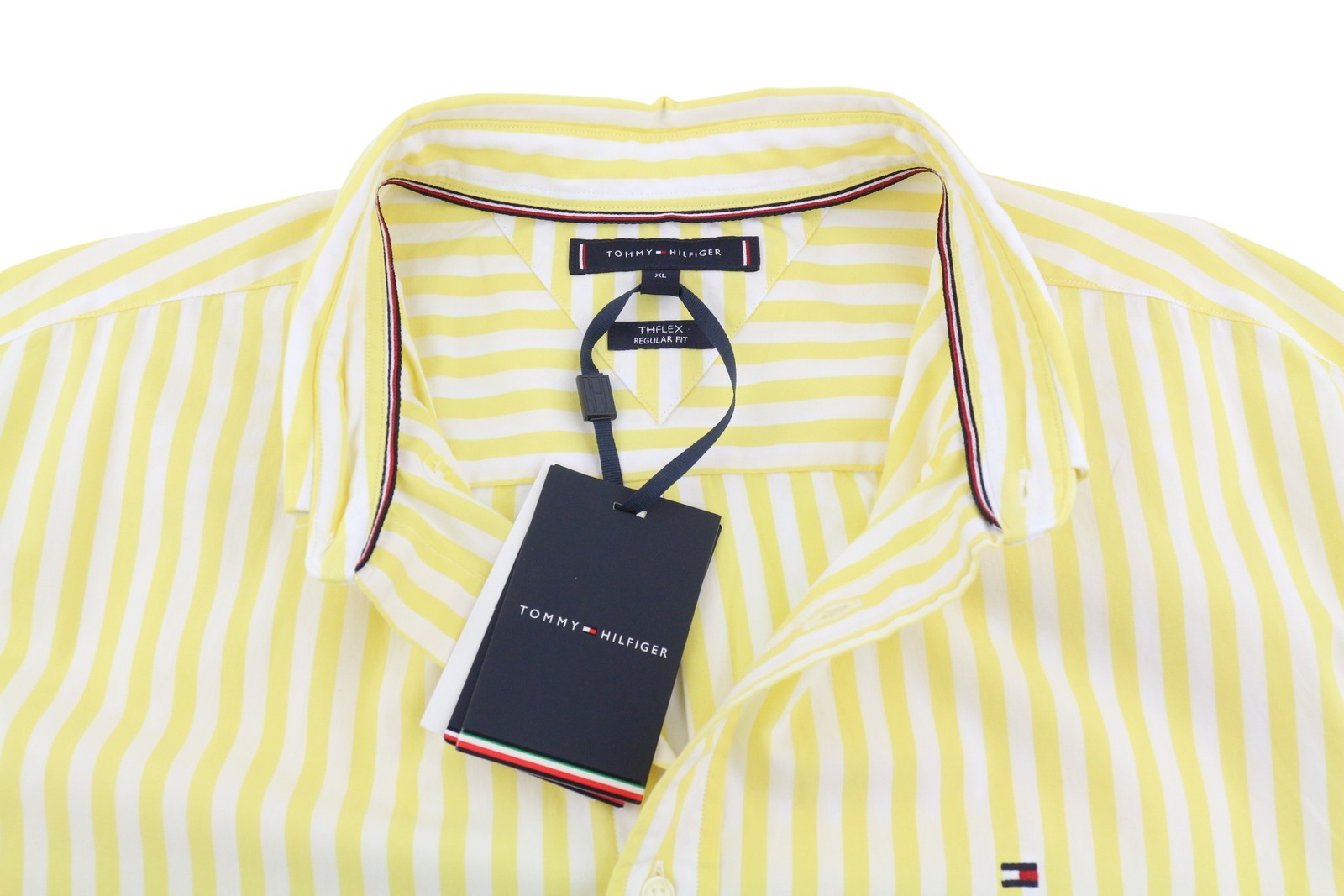 TOMMY HILFIGER THFlex Poplin Bold Men Shirt XL Yellow Striped Button-Down Neck
