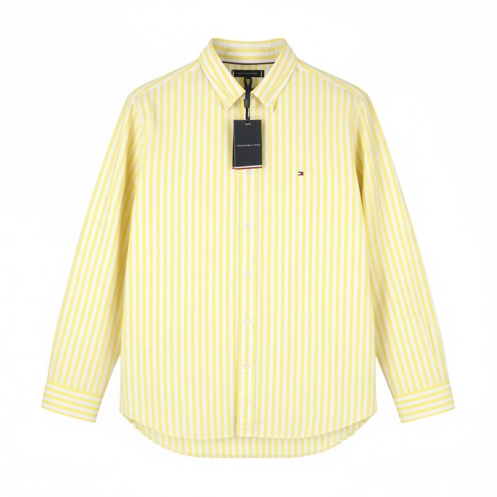 TOMMY HILFIGER THFlex Poplin Bold Men Shirt M Yellow Striped Button-Down Neck