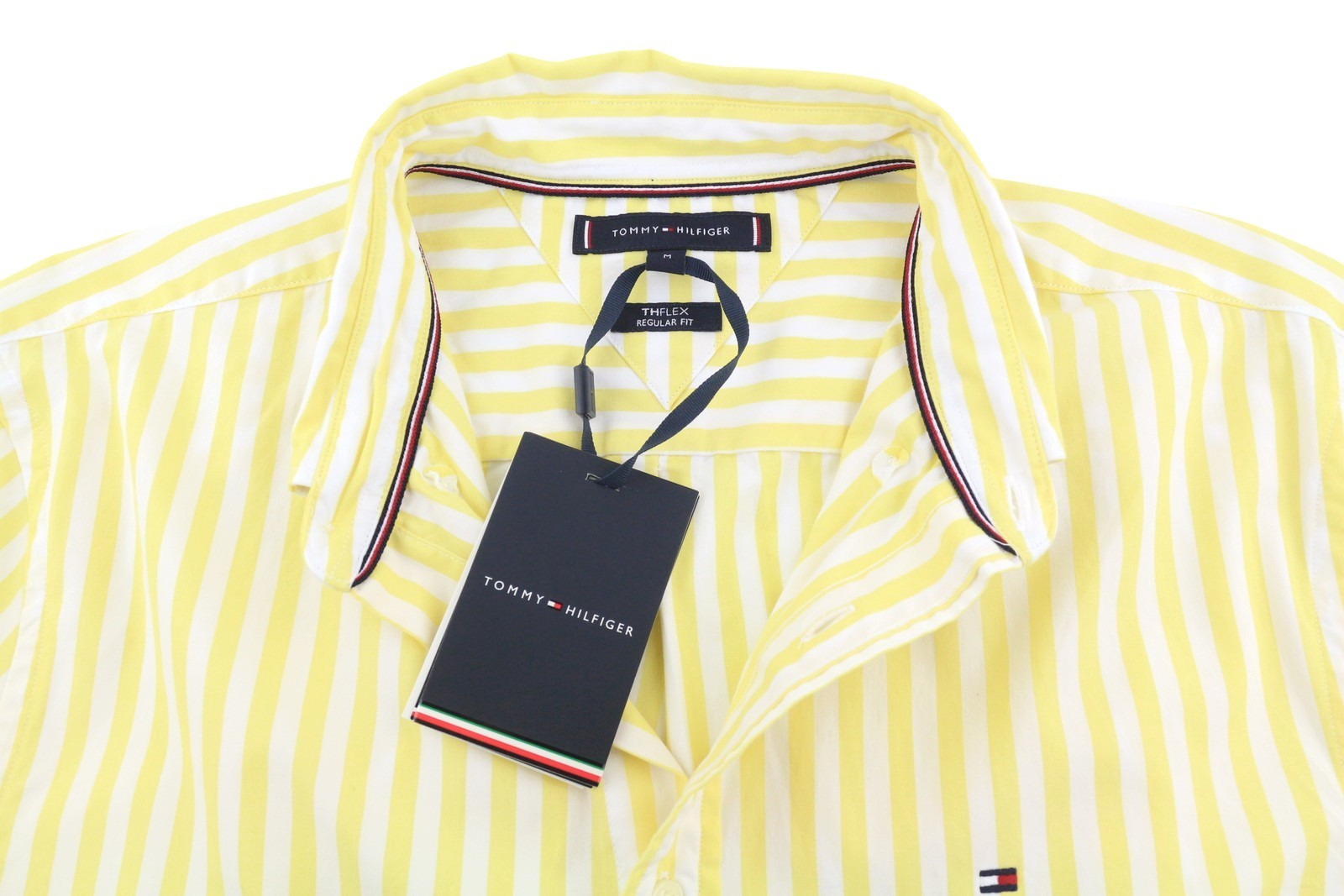 TOMMY HILFIGER THFlex Poplin Bold Men Shirt M Yellow Striped Button-Down Neck