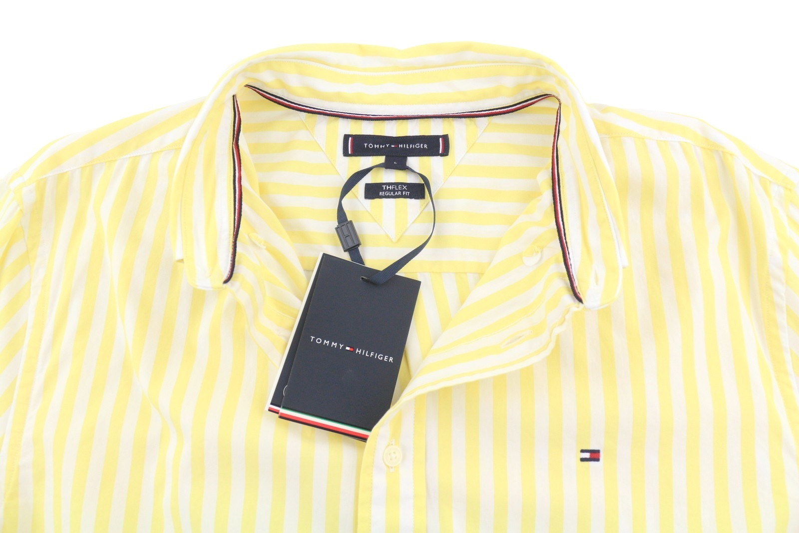 TOMMY HILFIGER THFlex Poplin Bold Men Shirt L Yellow Striped Button-Down Neck